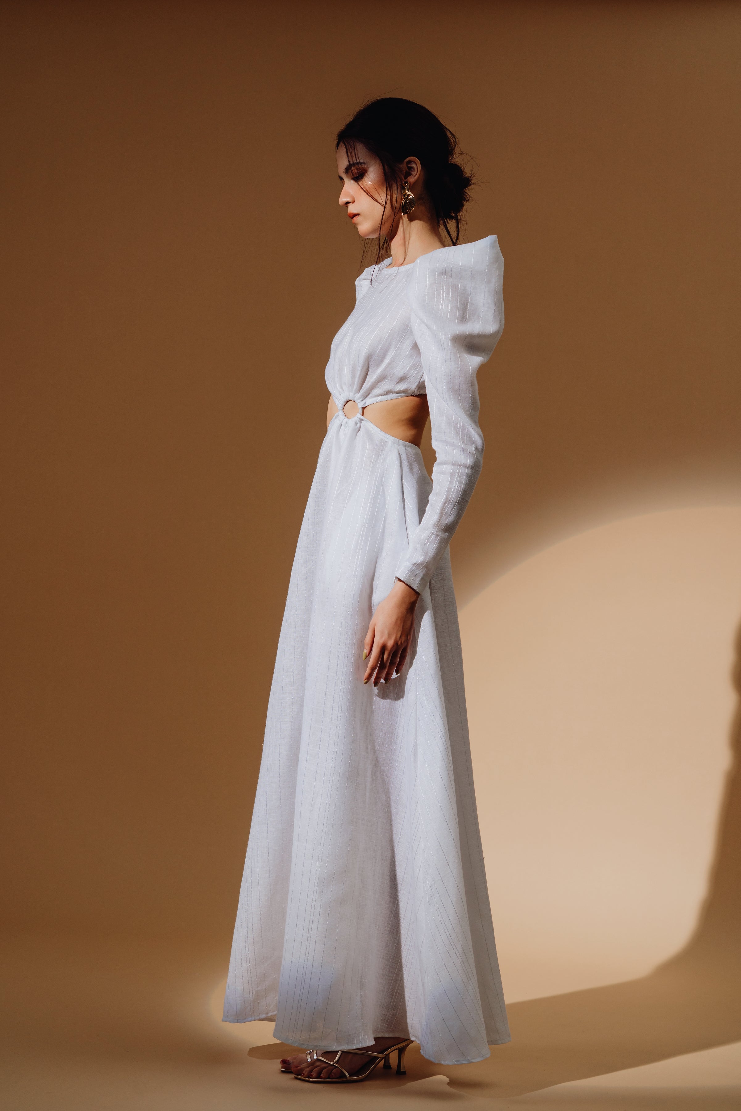 Linen Sequin Cut Out Puff-Sleeve Maxi Dress and Front Spilt with Zip