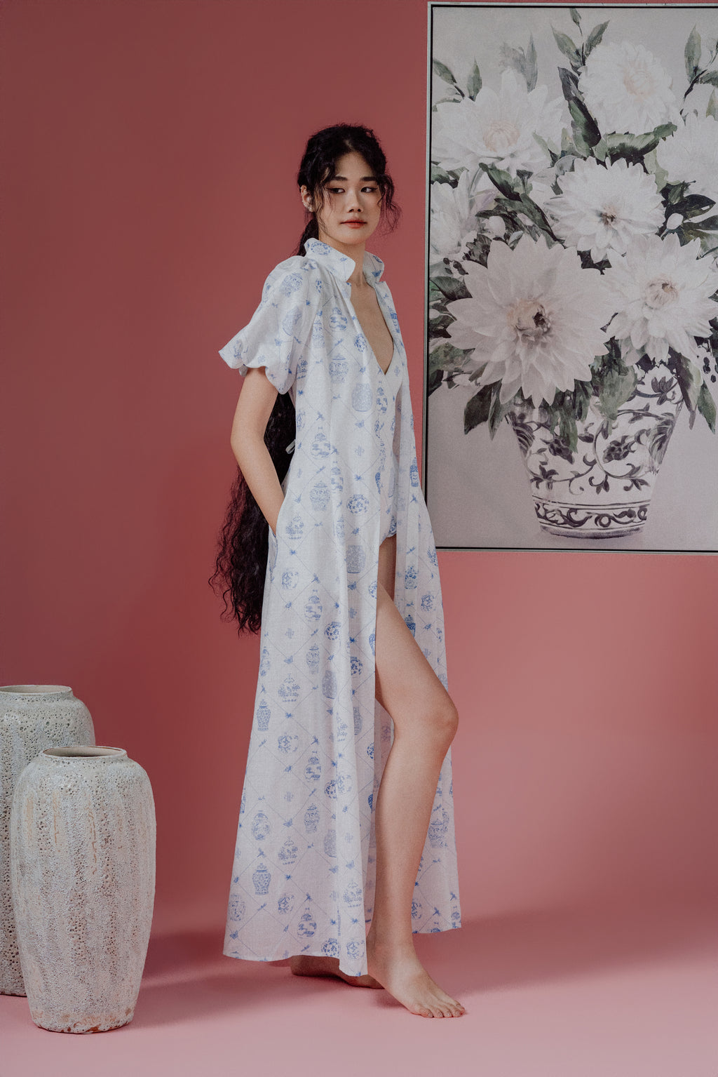 Chinoiserie Print Puff-Sleeve Shirt Dress