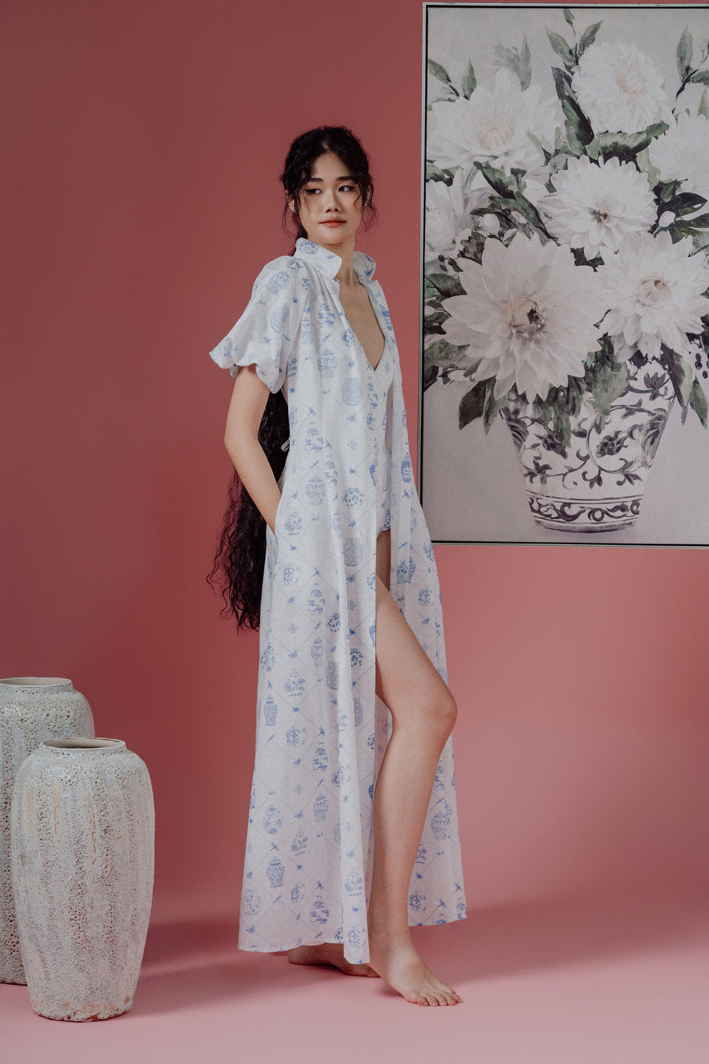 Chinoiserie Print Puff-Sleeve Shirt Dress