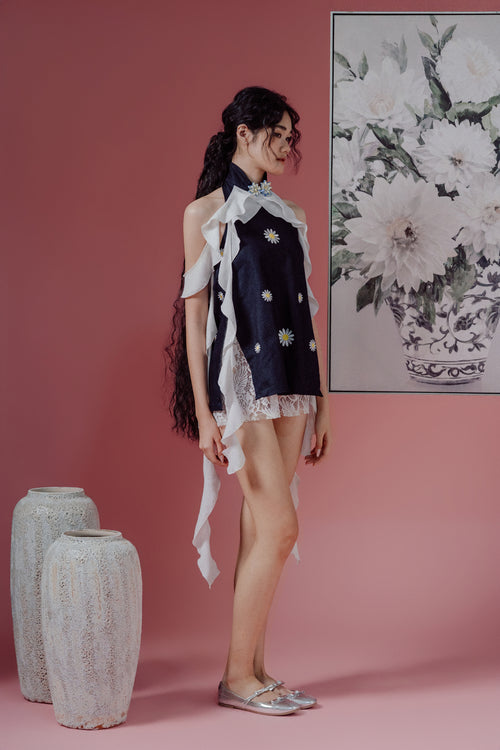 Mandarin Collar Open-Back Dress with Shawl (Short)