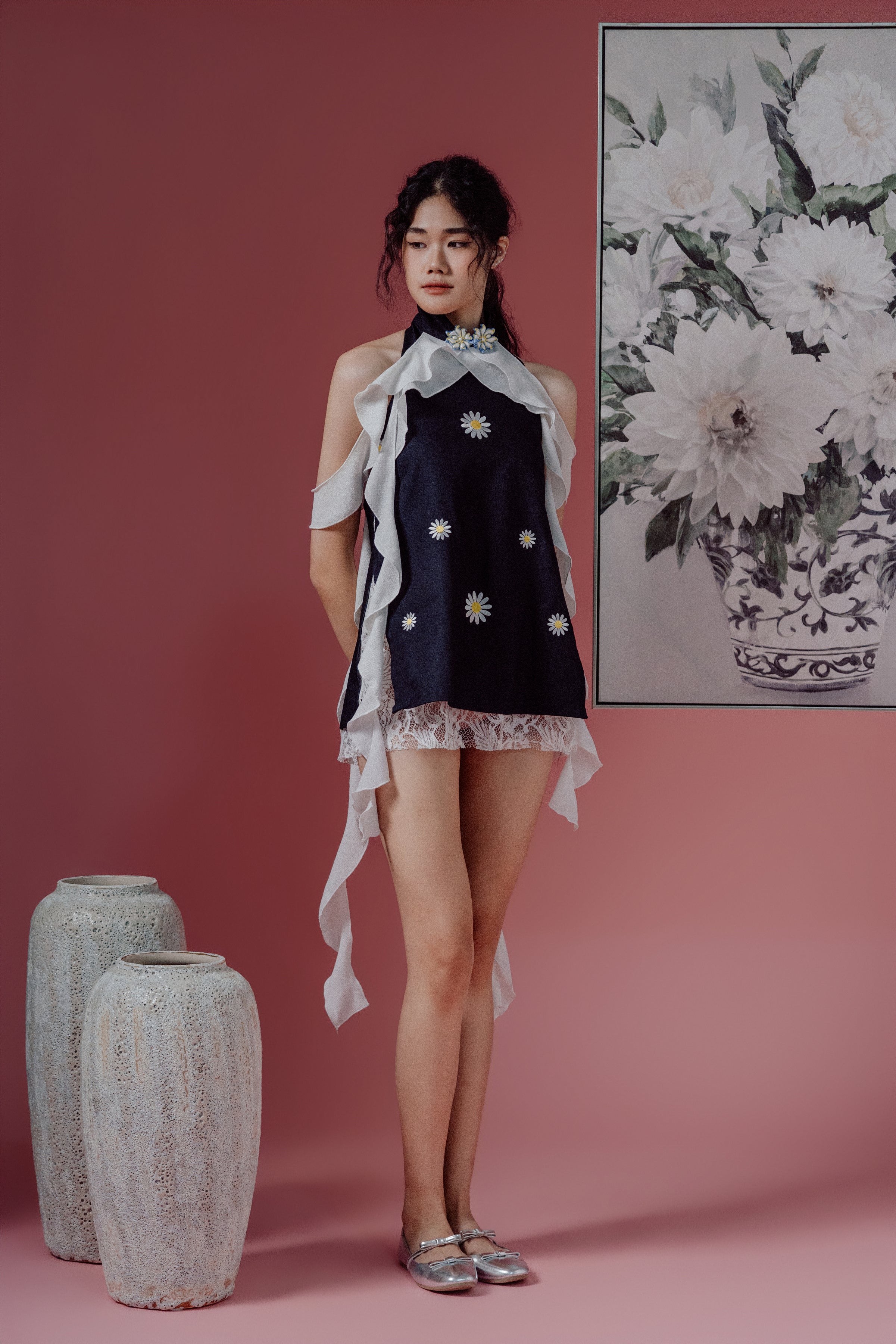 Mandarin Collar Open-Back Dress with Shawl (Short)