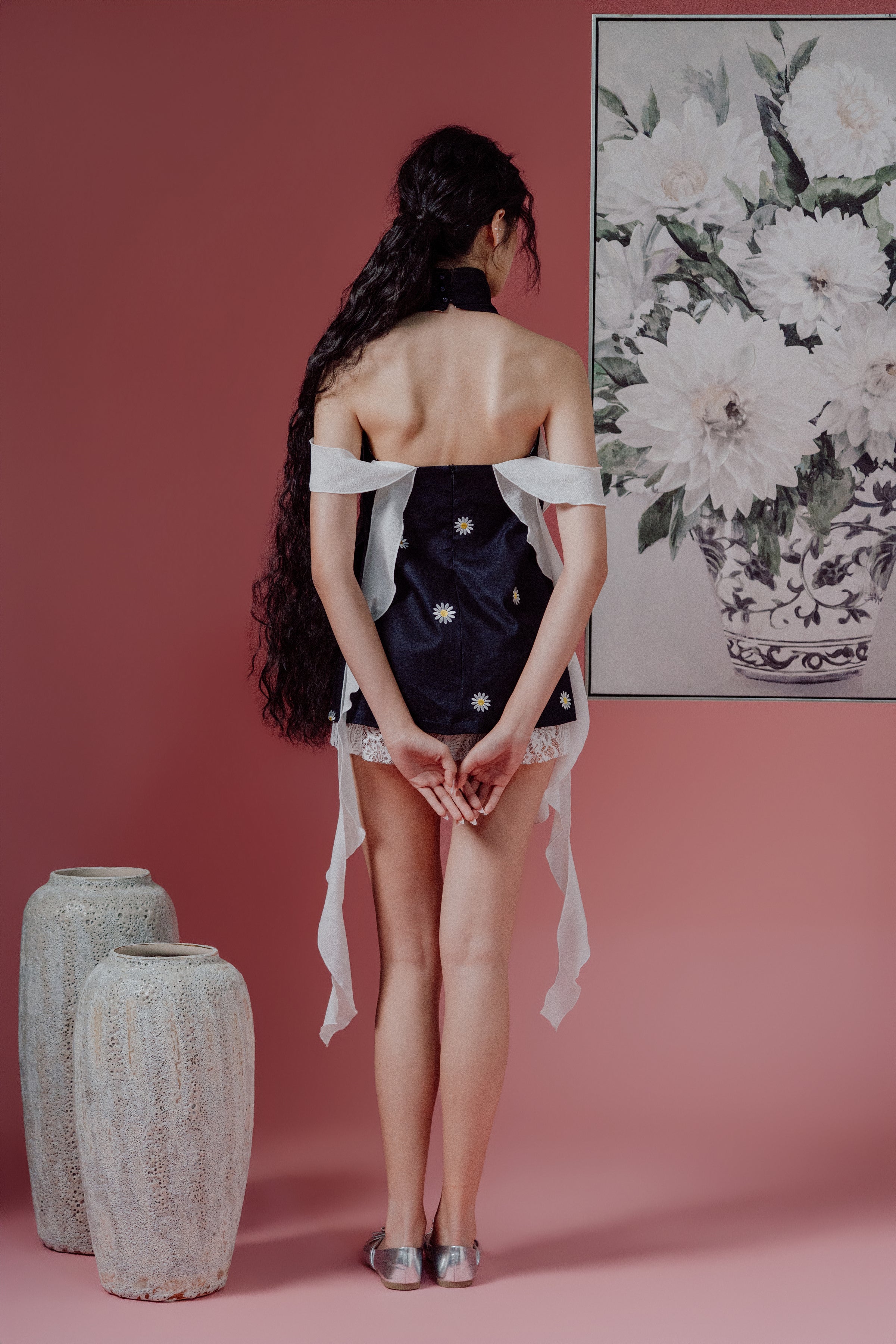 Mandarin Collar Open-Back Dress with Shawl (Short)