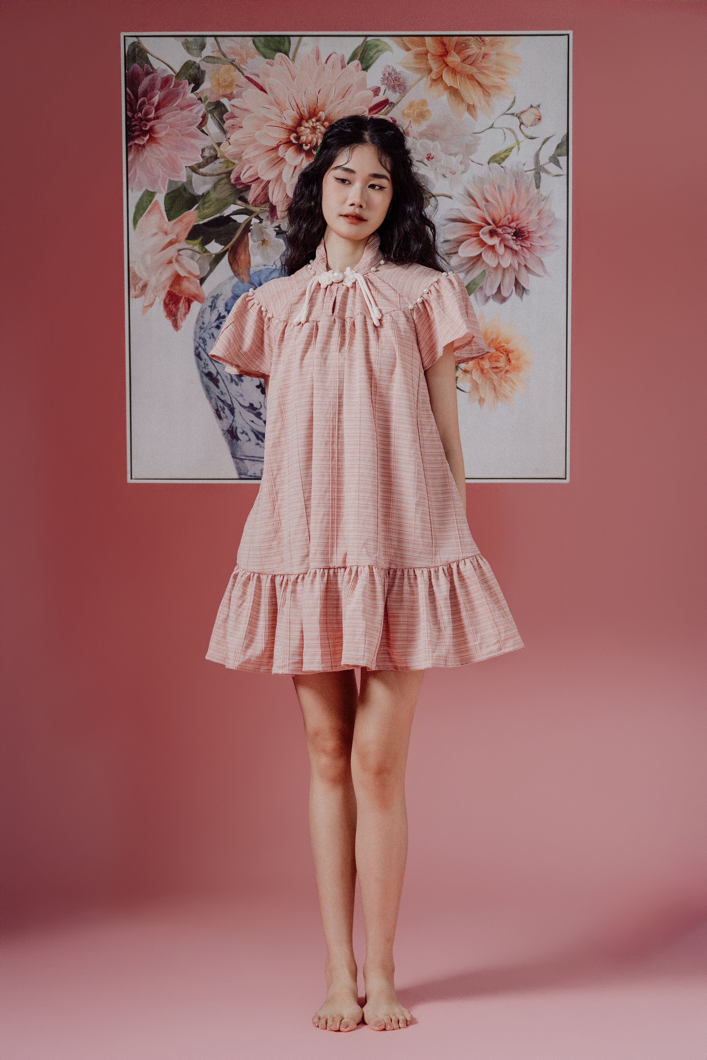 「璐 lù」Flare Sleeves Mini Pearls Dress with Pockets