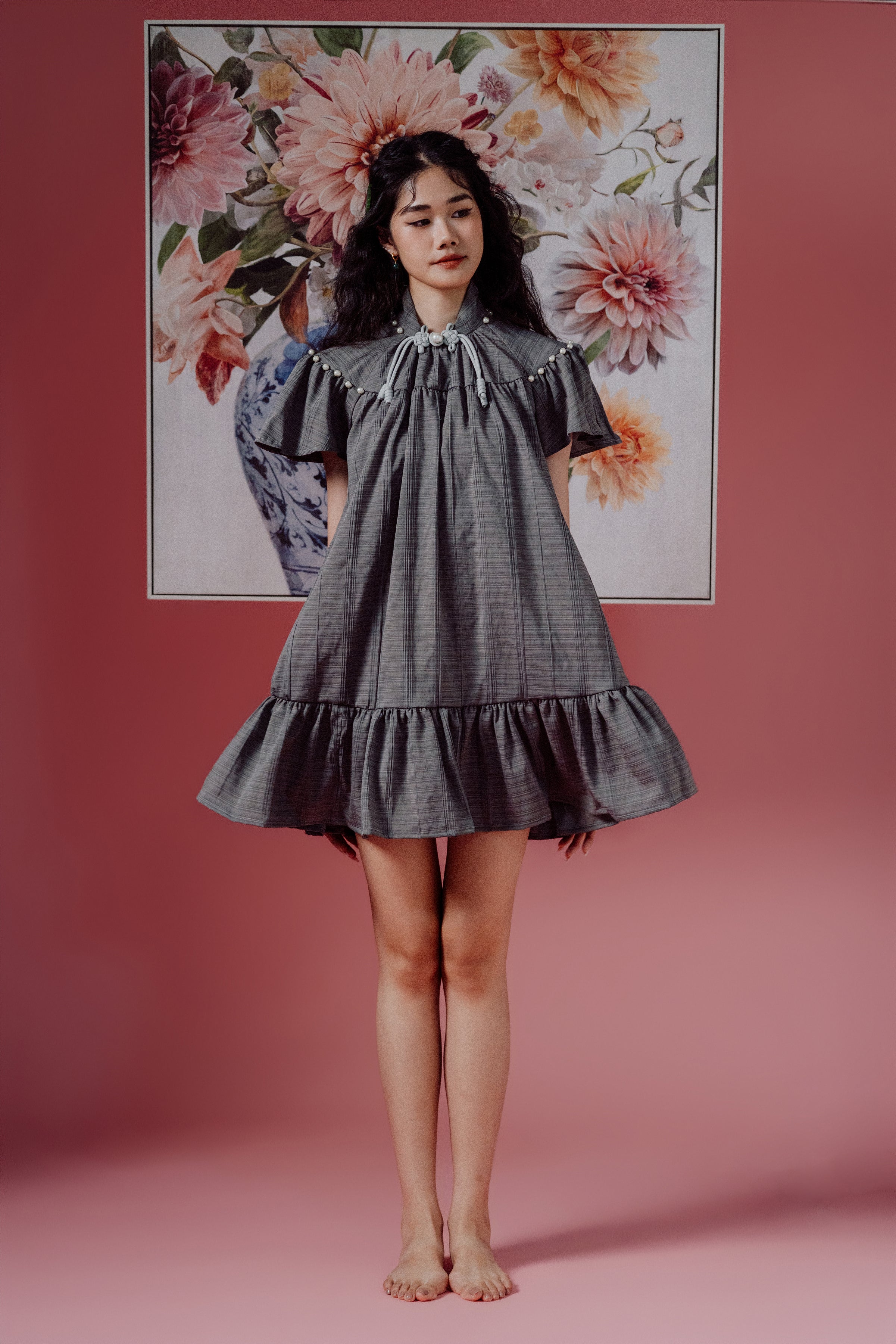 「璐 lù」Flare Sleeves Mini Pearls Dress with Pockets