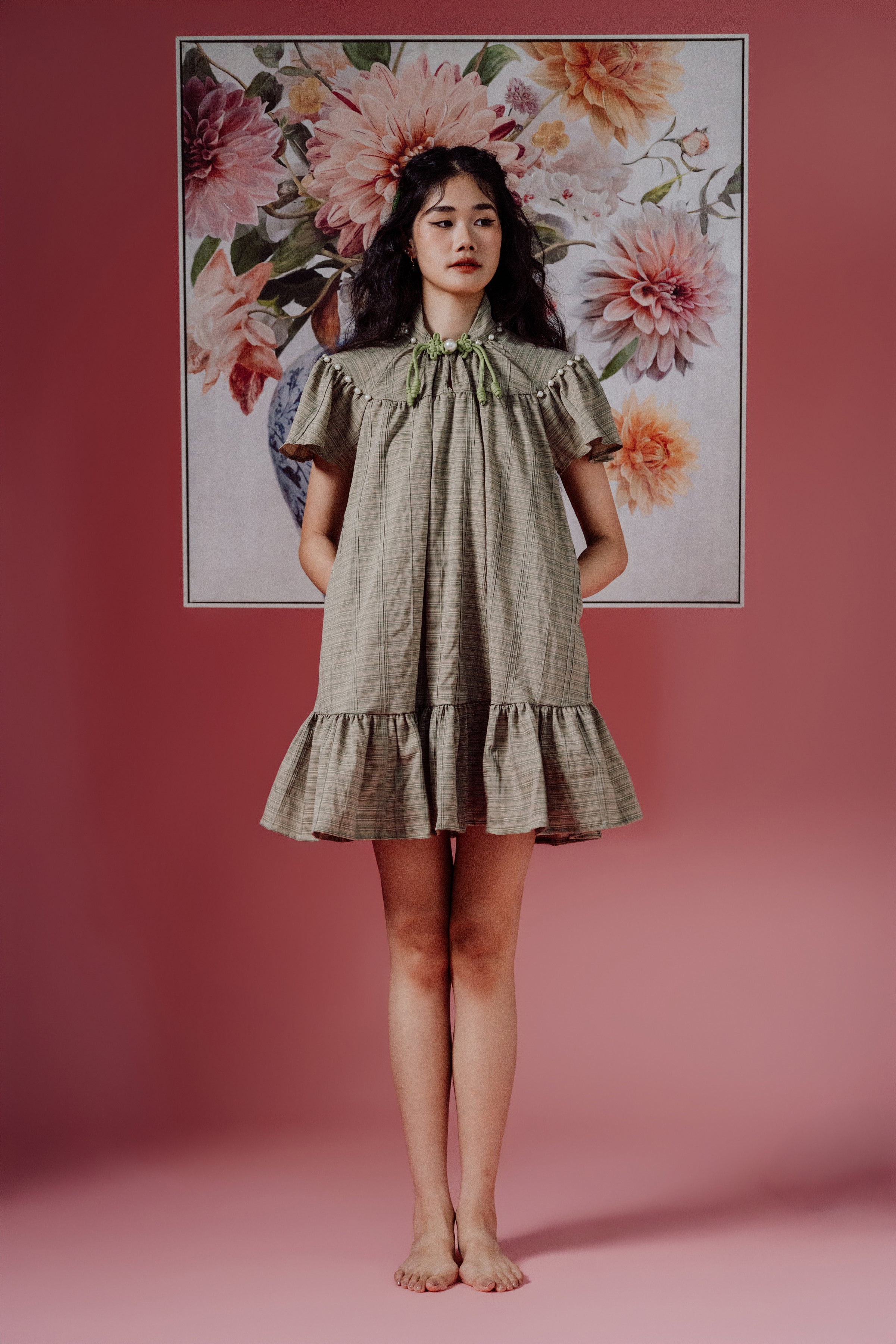 「璐 lù」Flare Sleeves Mini Pearls Dress with Pockets
