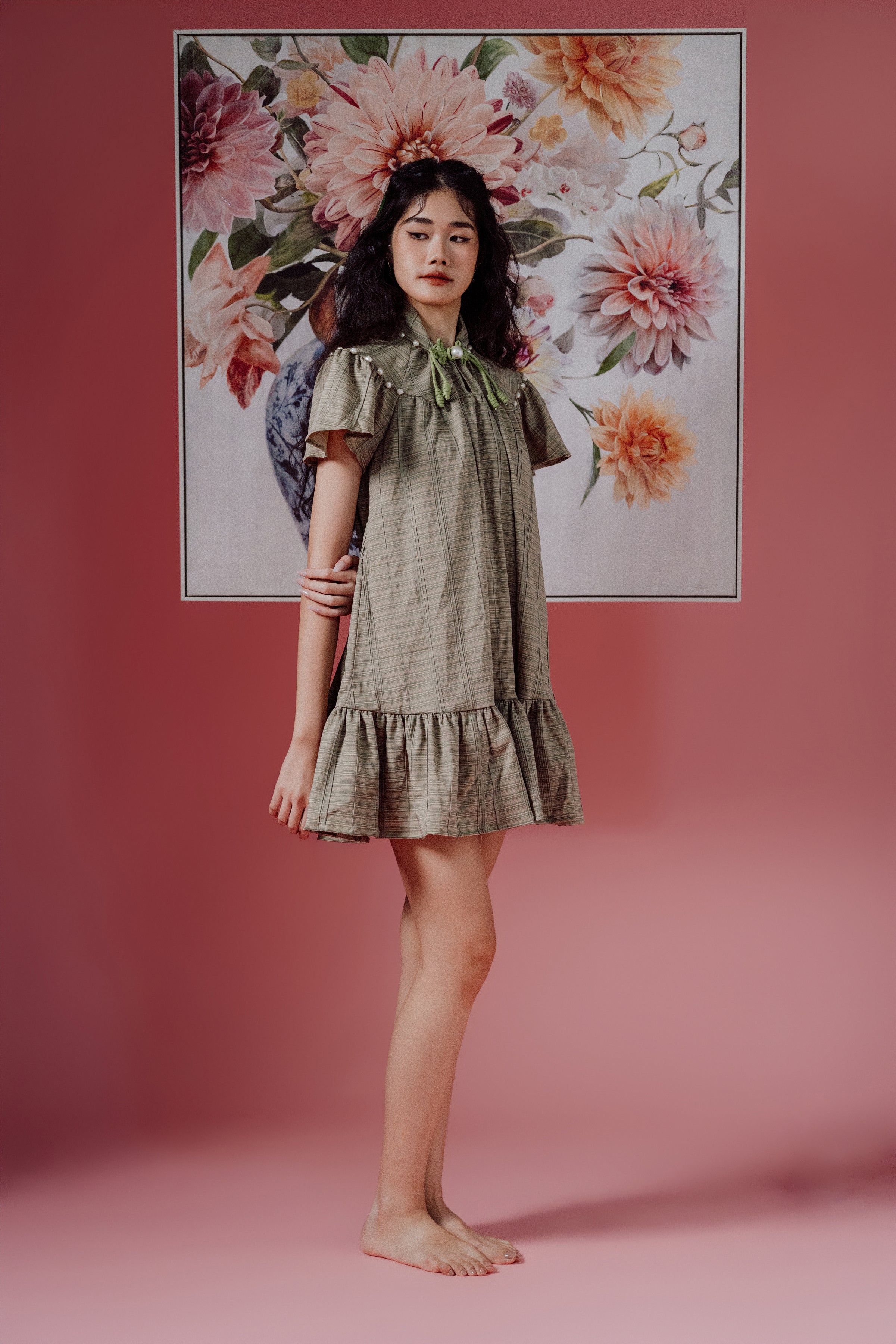 「璐 lù」Flare Sleeves Mini Pearls Dress with Pockets