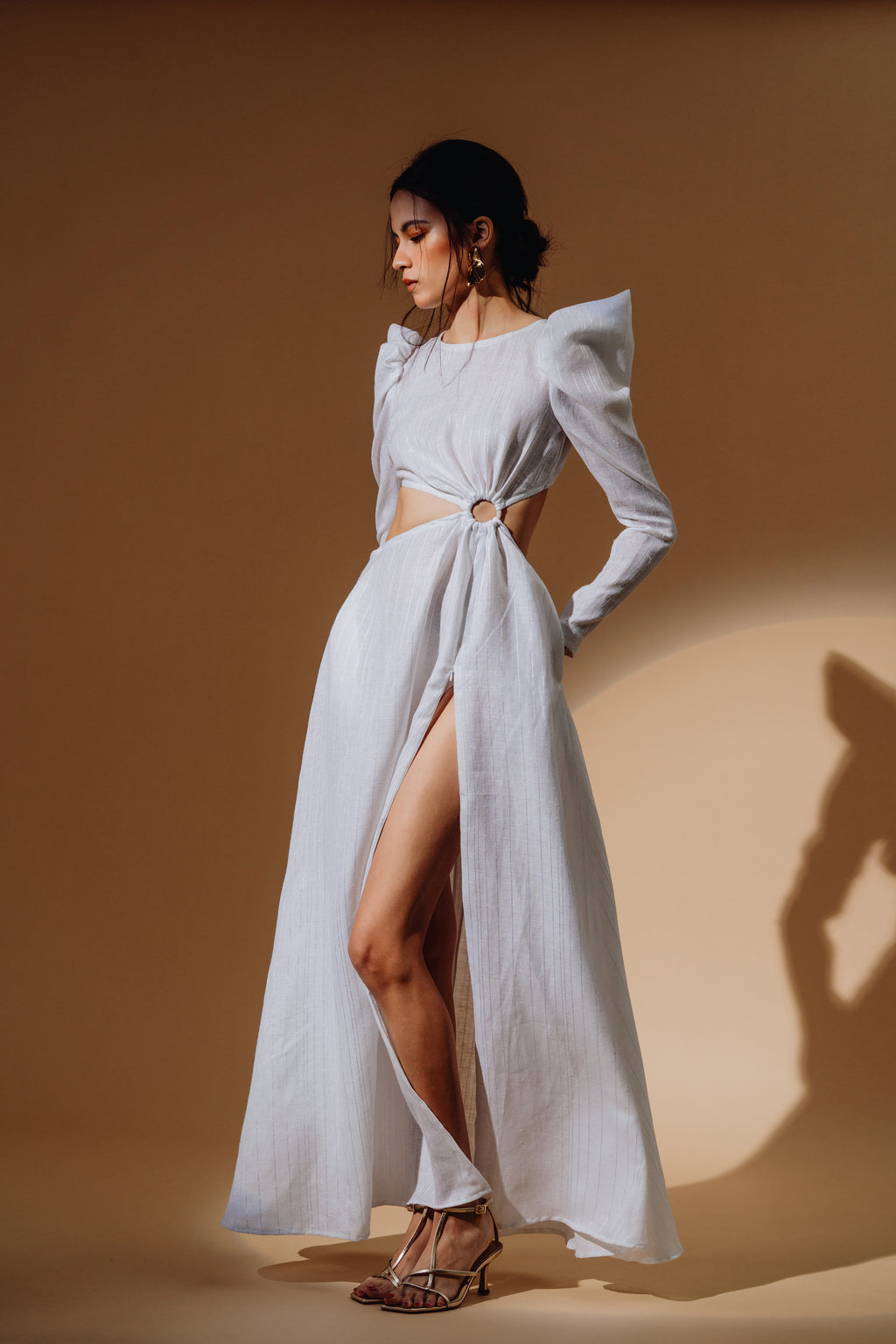 Linen Sequin Cut Out Puff-Sleeve Maxi Dress and Front Spilt with Zip