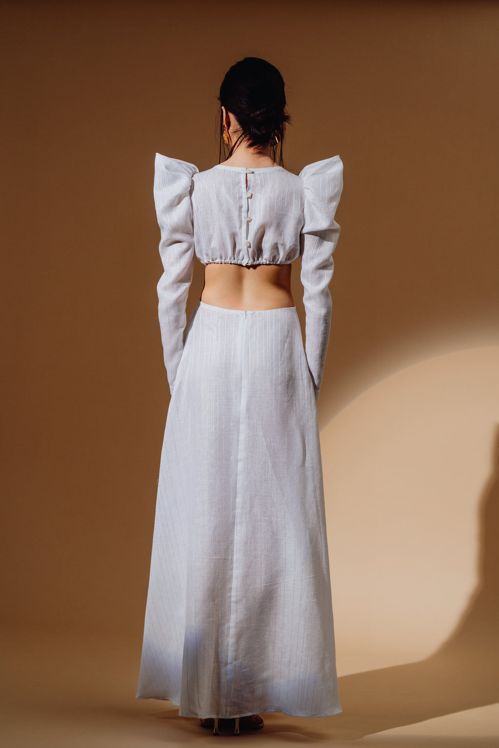 Linen Sequin Cut Out Puff-Sleeve Maxi Dress and Front Spilt with Zip