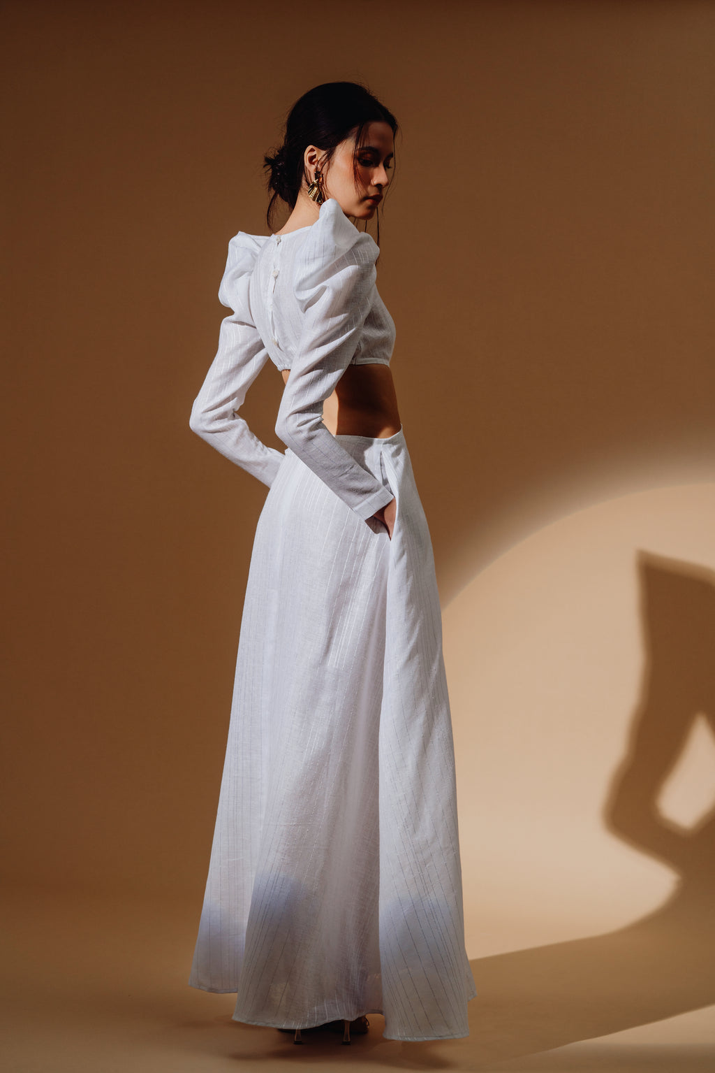 Linen Sequin Cut Out Puff-Sleeve Maxi Dress and Front Spilt with Zip