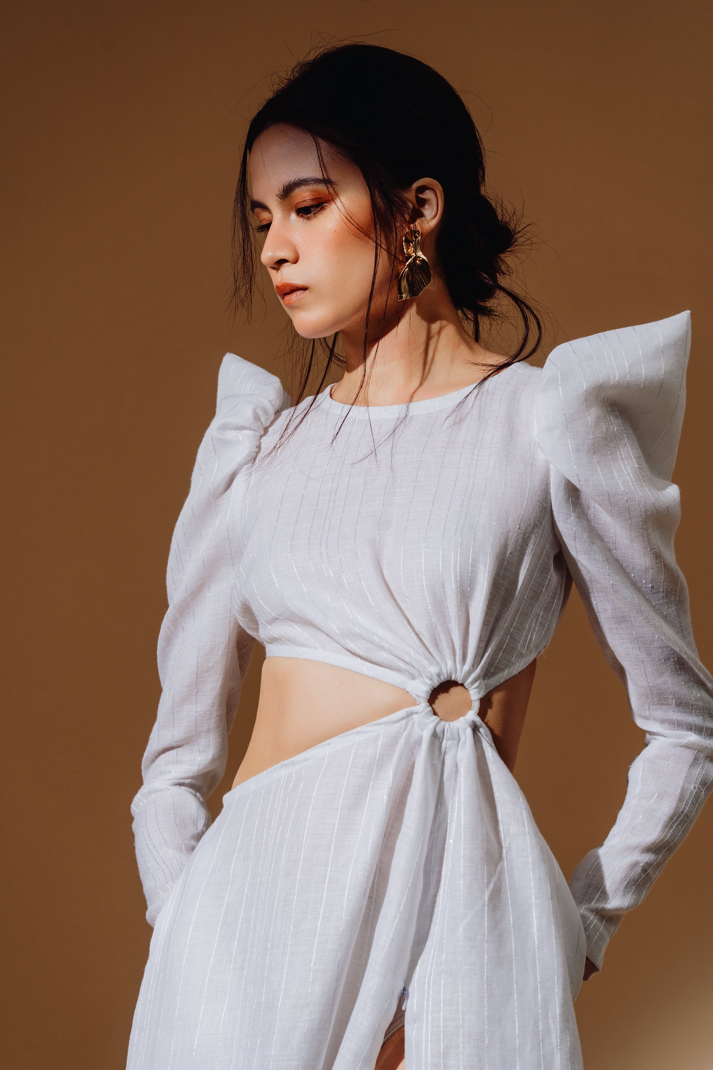 Linen Sequin Cut Out Puff-Sleeve Maxi Dress and Front Spilt with Zip