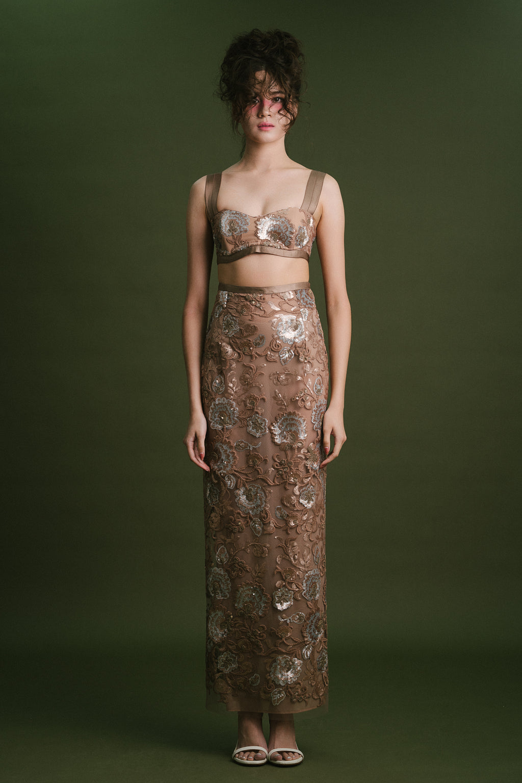 Beige Floral Sequinn Lace Bralette and Skirt