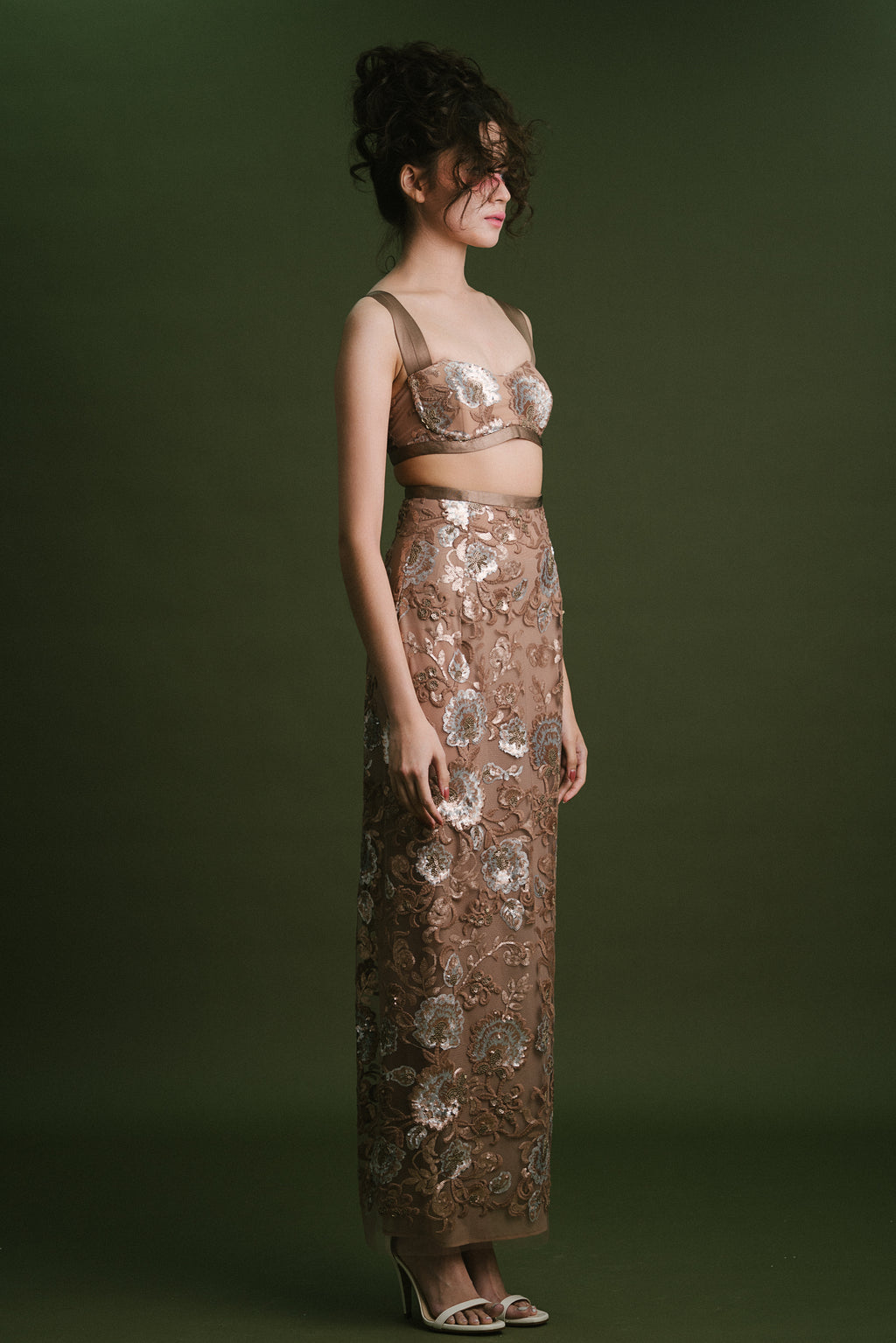 Beige Floral Sequinn Lace Bralette and Skirt