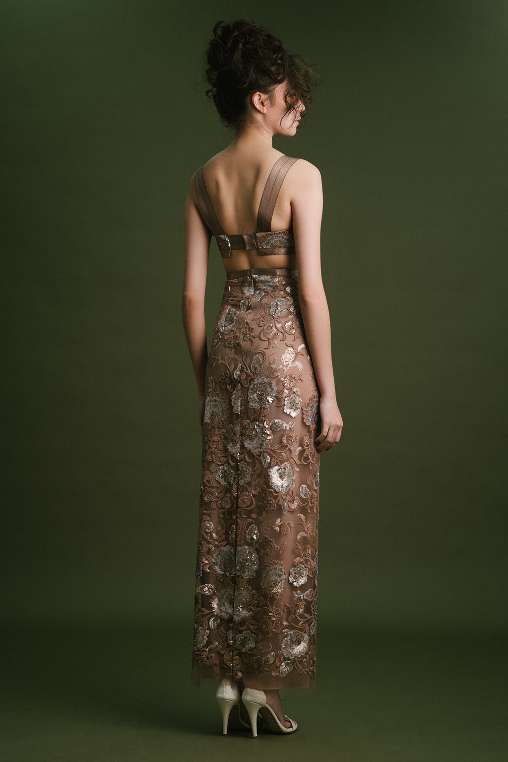 Beige Floral Sequinn Lace Bralette and Skirt