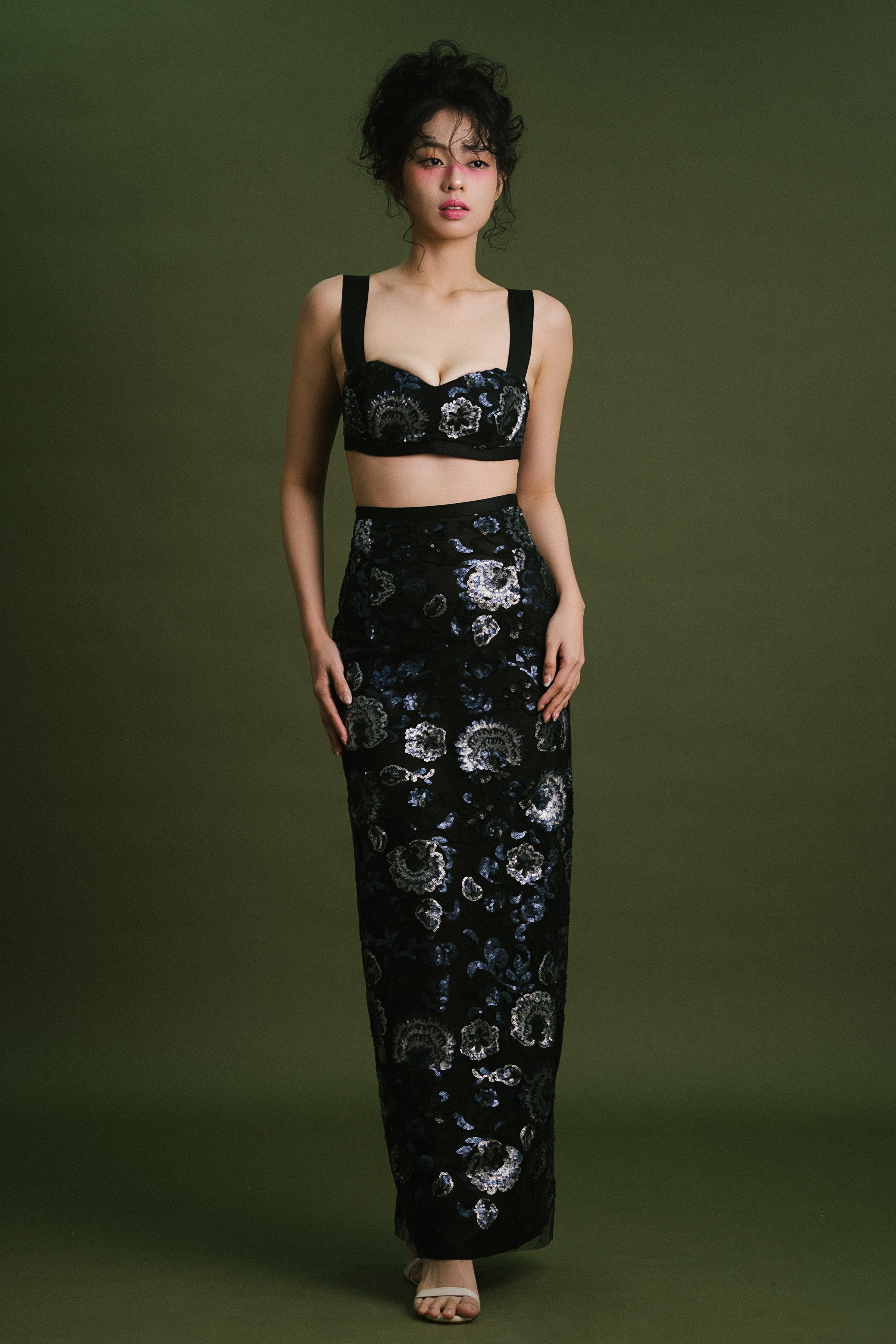 Beige Floral Sequinn Lace Bralette and Skirt