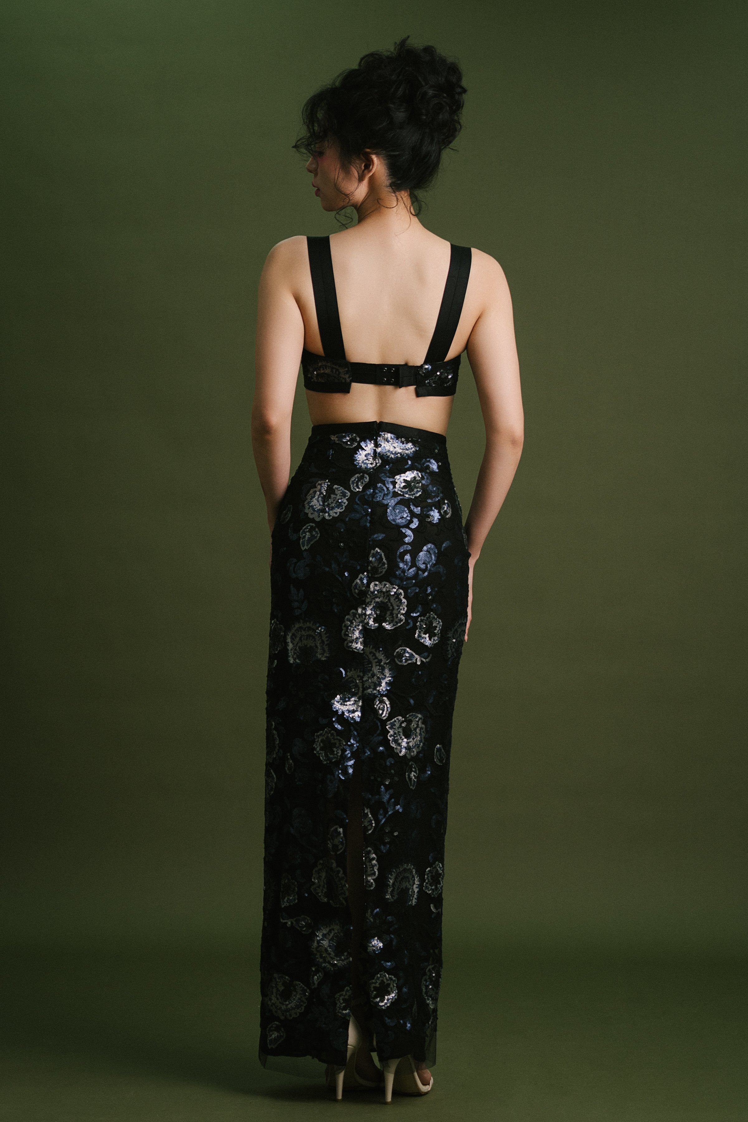 Beige Floral Sequinn Lace Bralette and Skirt