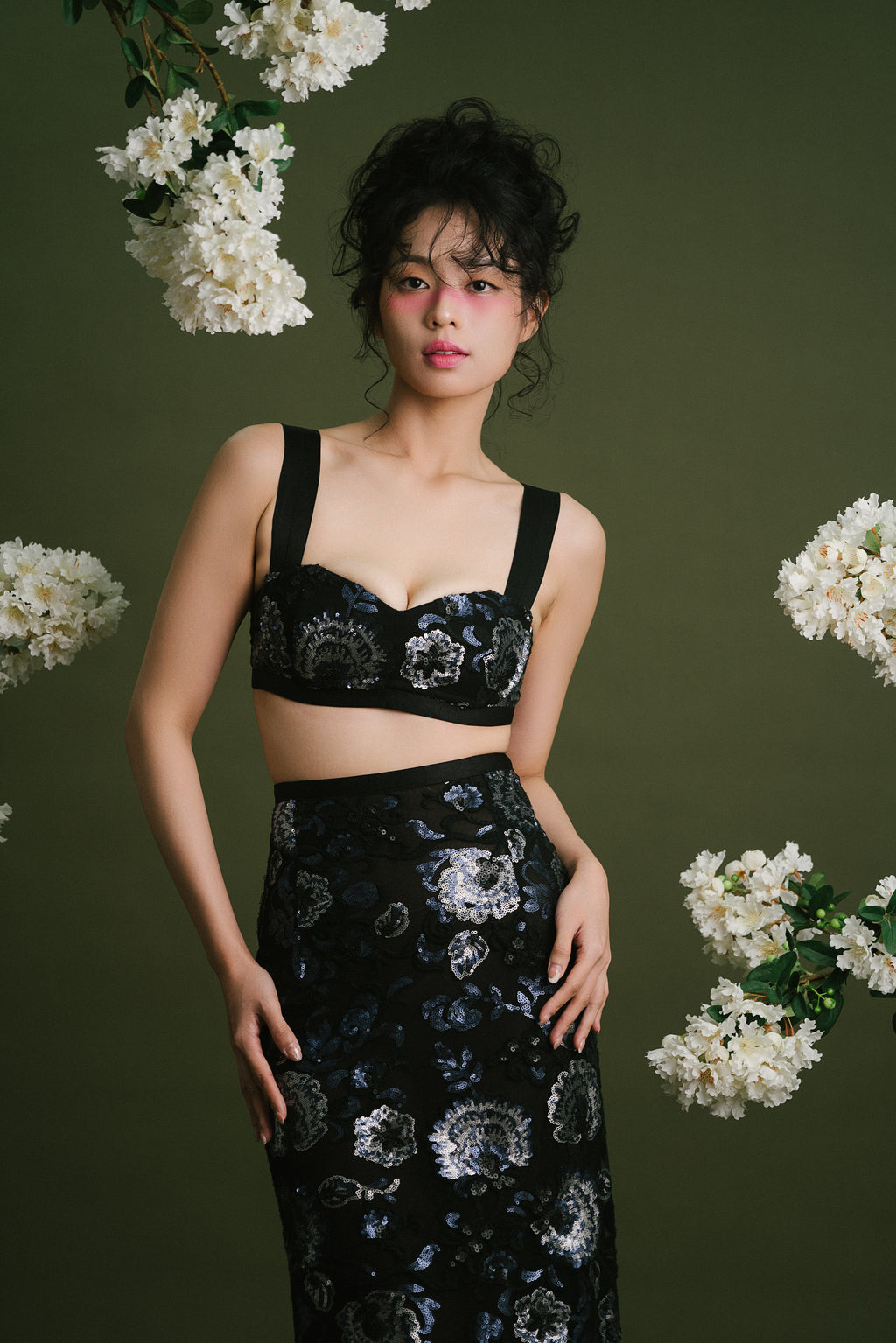 Beige Floral Sequinn Lace Bralette and Skirt