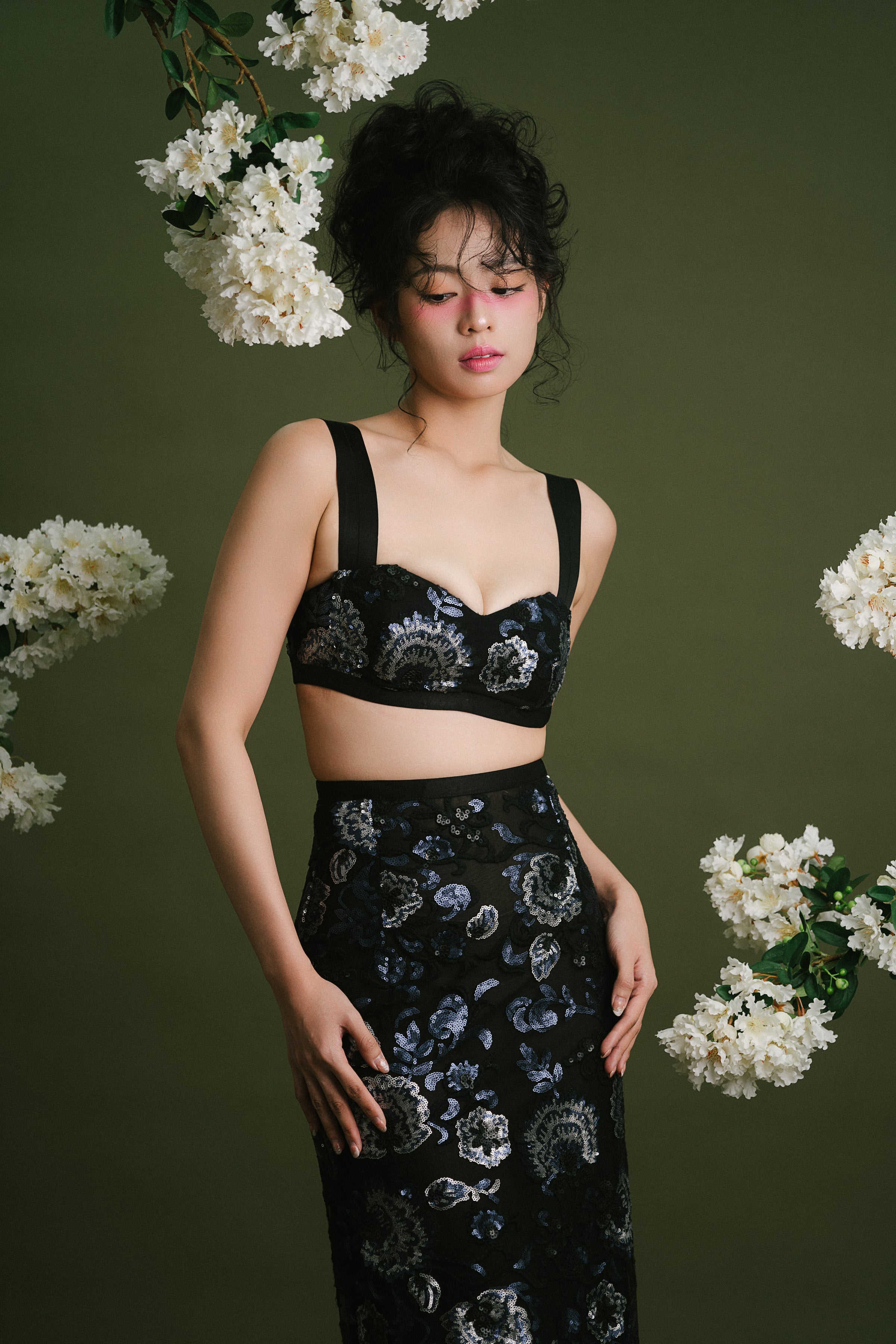 Beige Floral Sequinn Lace Bralette and Skirt