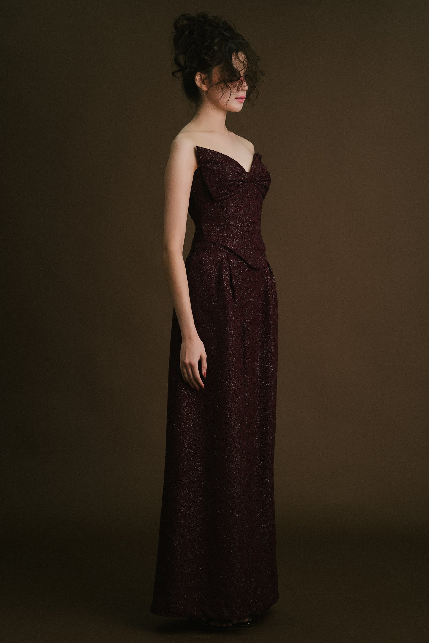 Wine Red Bow Corset Top & Pants (High-Waisted)