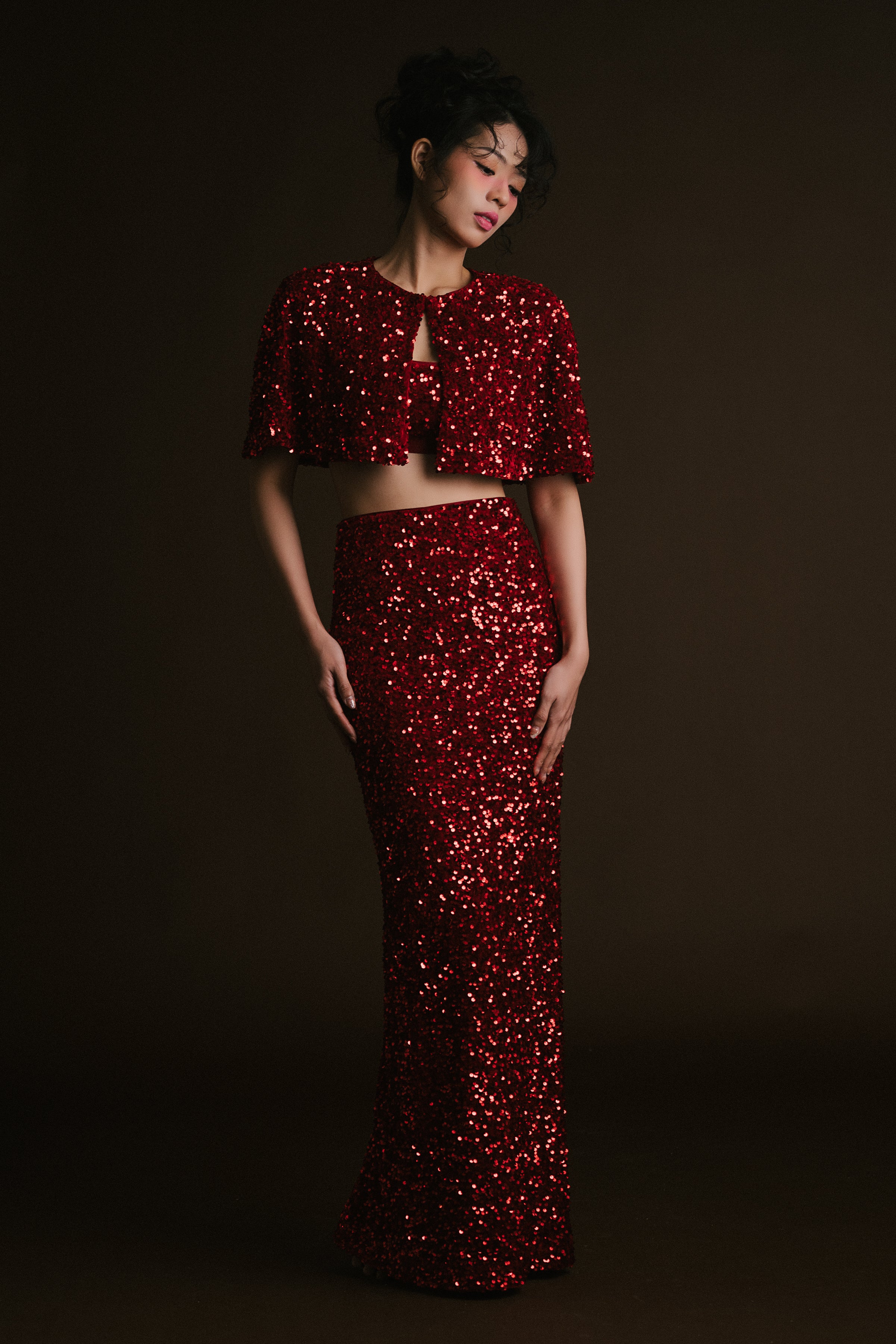 Red Velvet Sequin Crop Cape with Skirt & Bralette