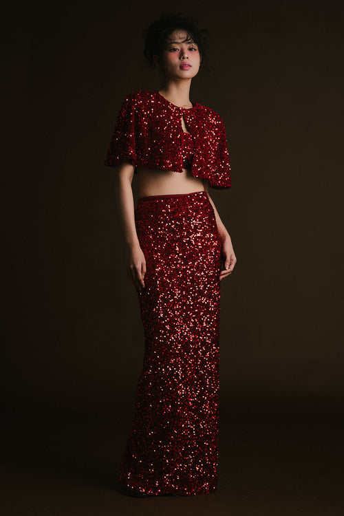 Red Velvet Sequin Crop Cape with Skirt & Bralette
