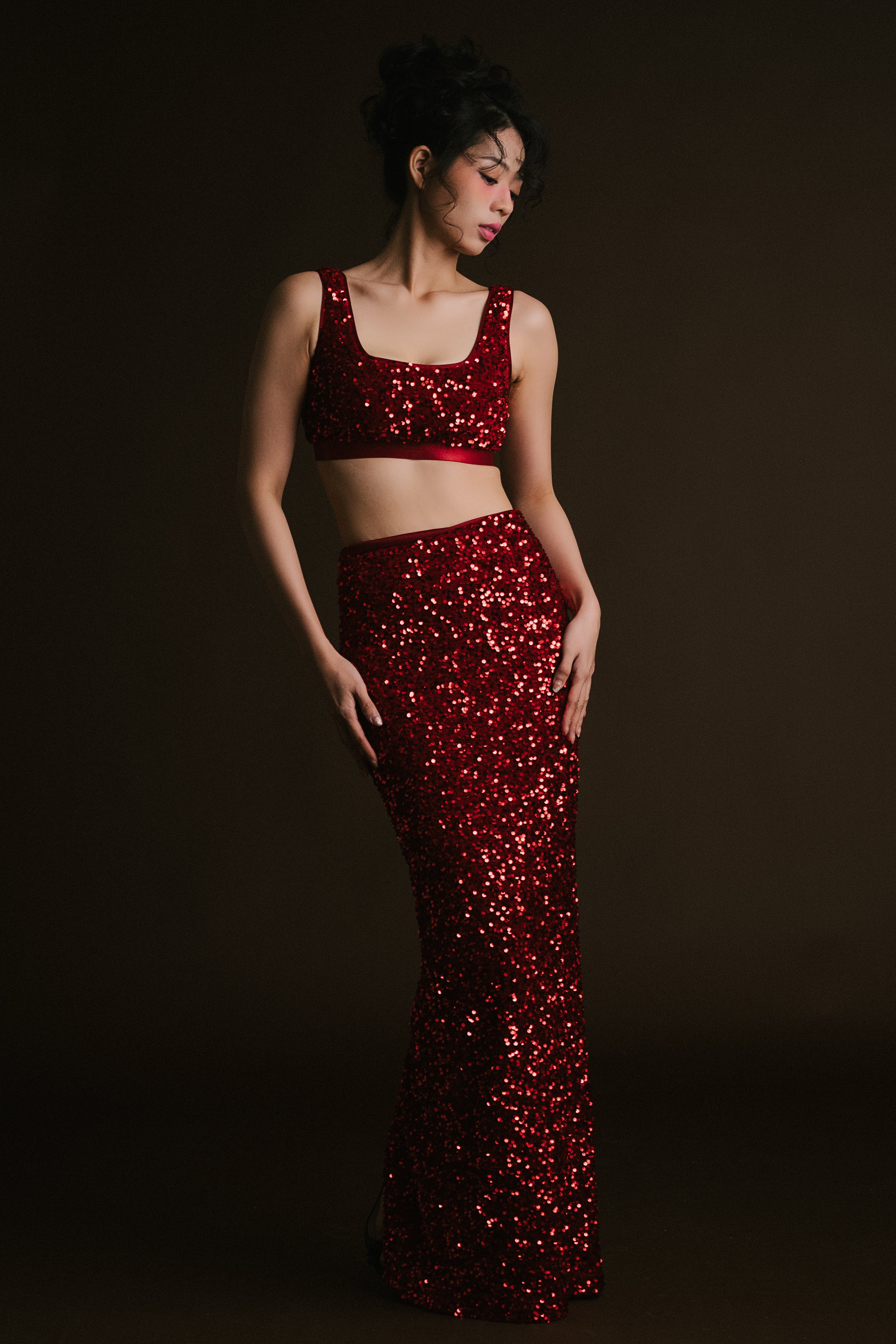 Red Velvet Sequin Crop Cape with Skirt & Bralette
