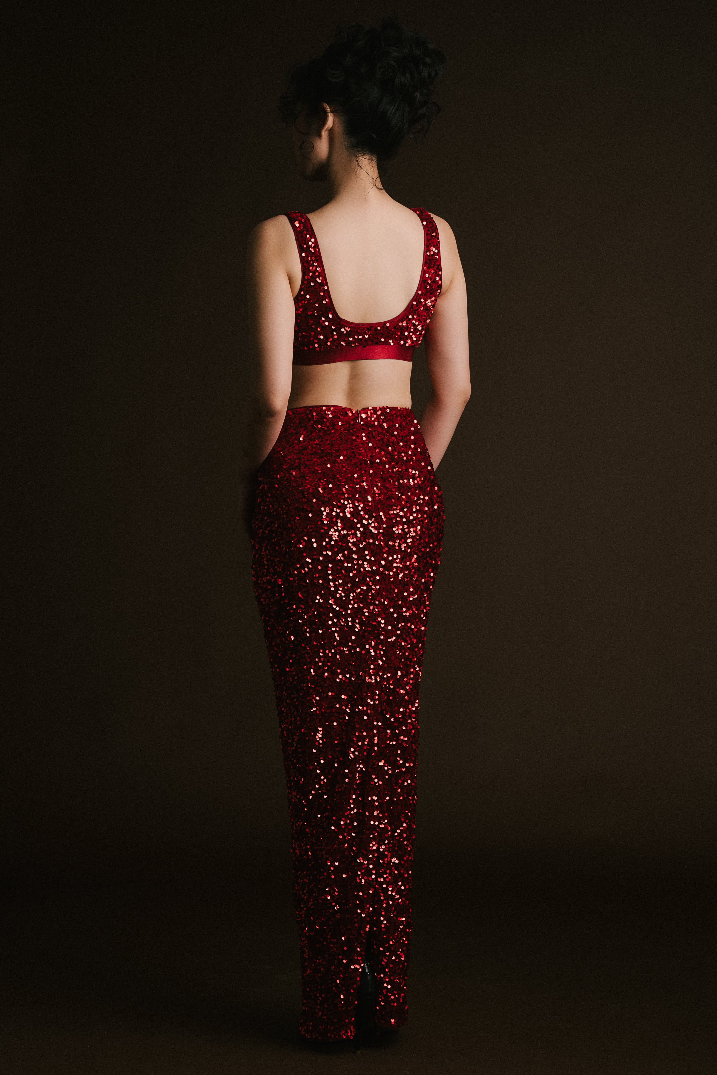 Red Velvet Sequin Crop Cape with Skirt & Bralette