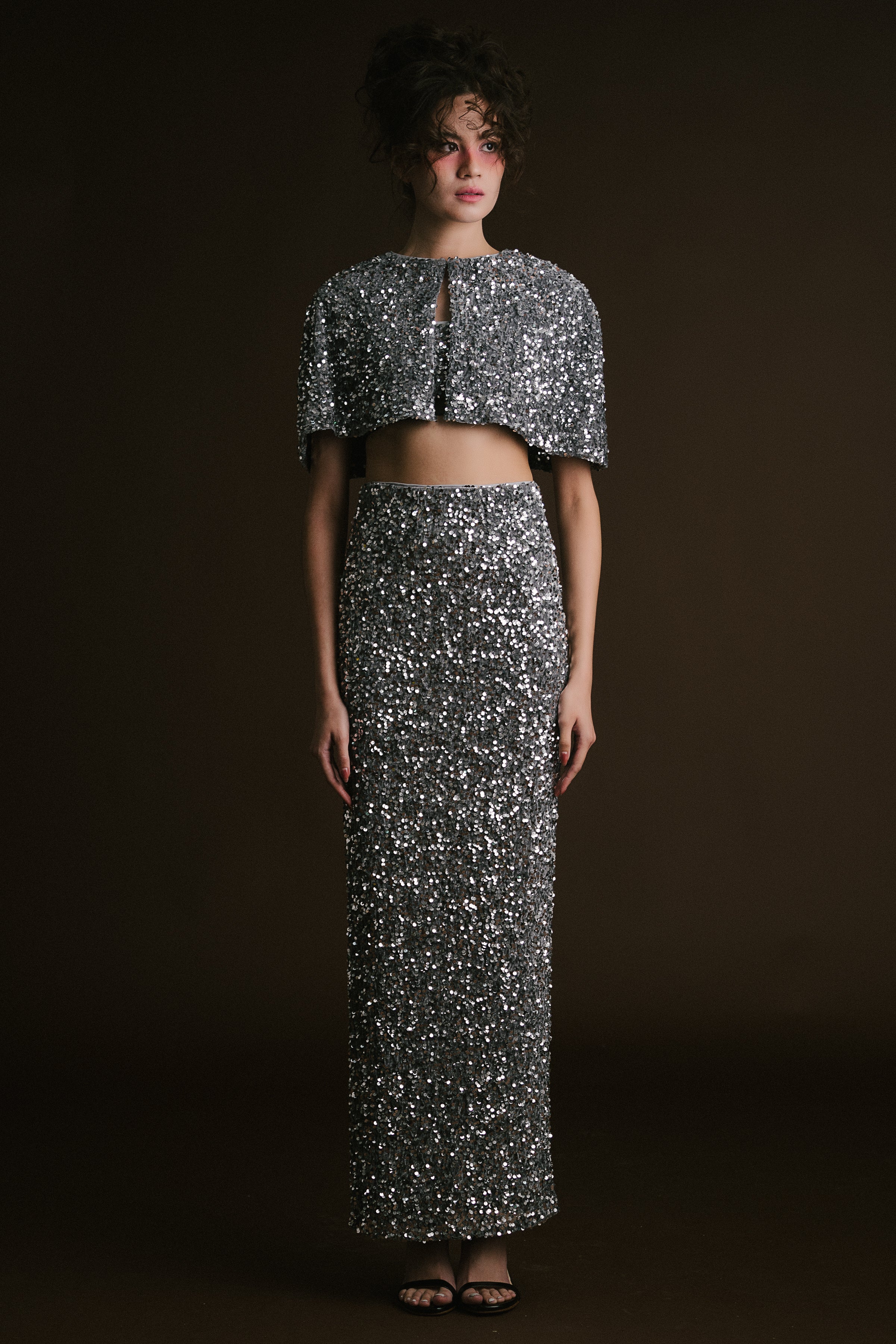 Silver Velvet Sequin Crop Cape with Skirt & Bralette