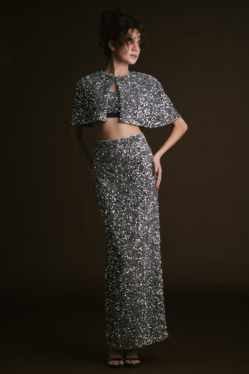Silver Velvet Sequin Crop Cape with Skirt & Bralette