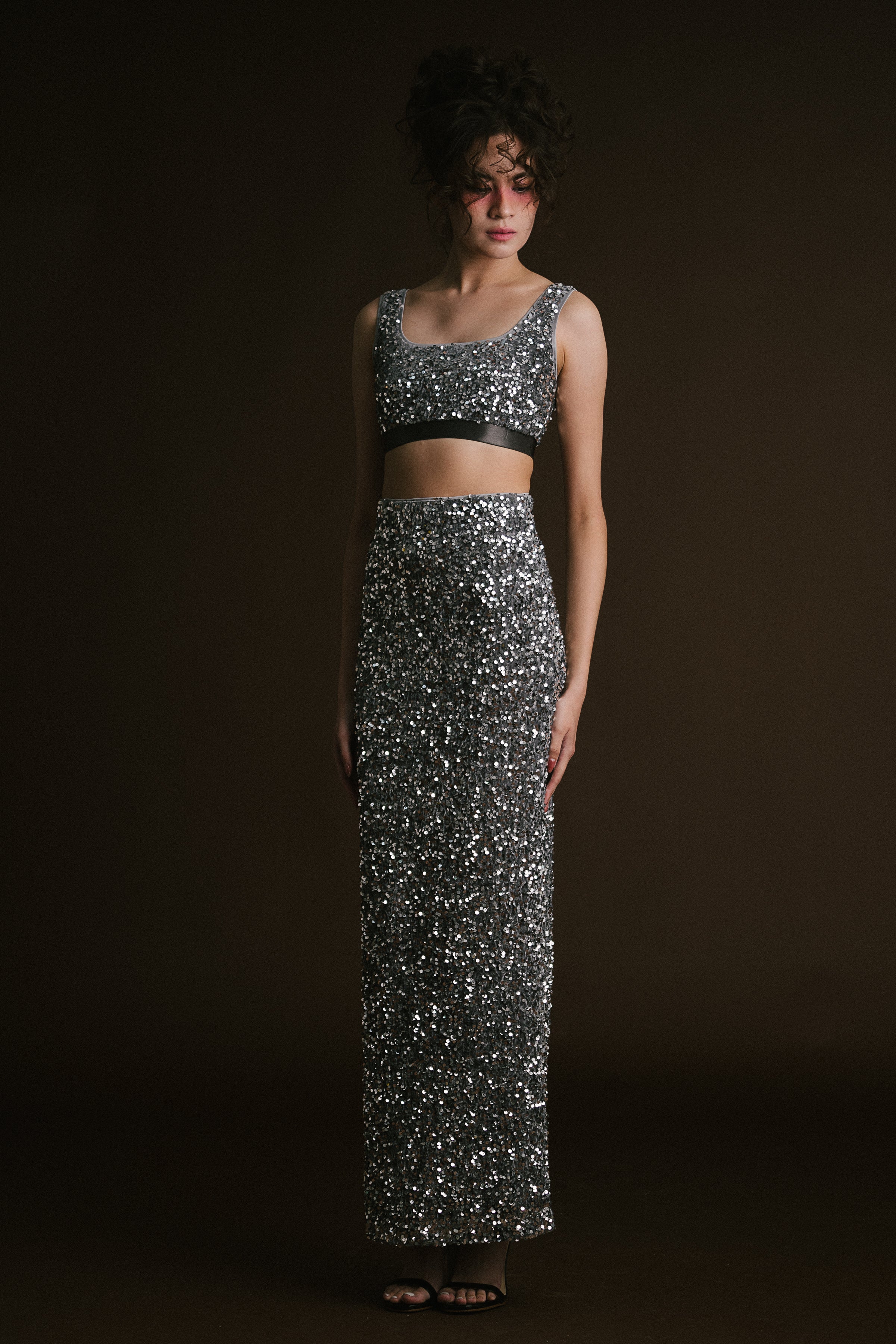 Silver Velvet Sequin Crop Cape with Skirt & Bralette