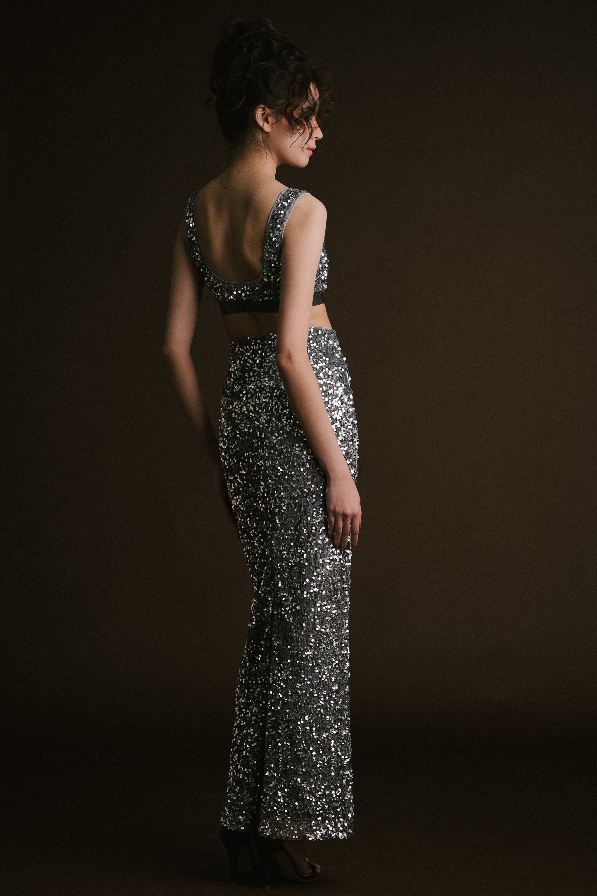 Silver Velvet Sequin Crop Cape with Skirt & Bralette