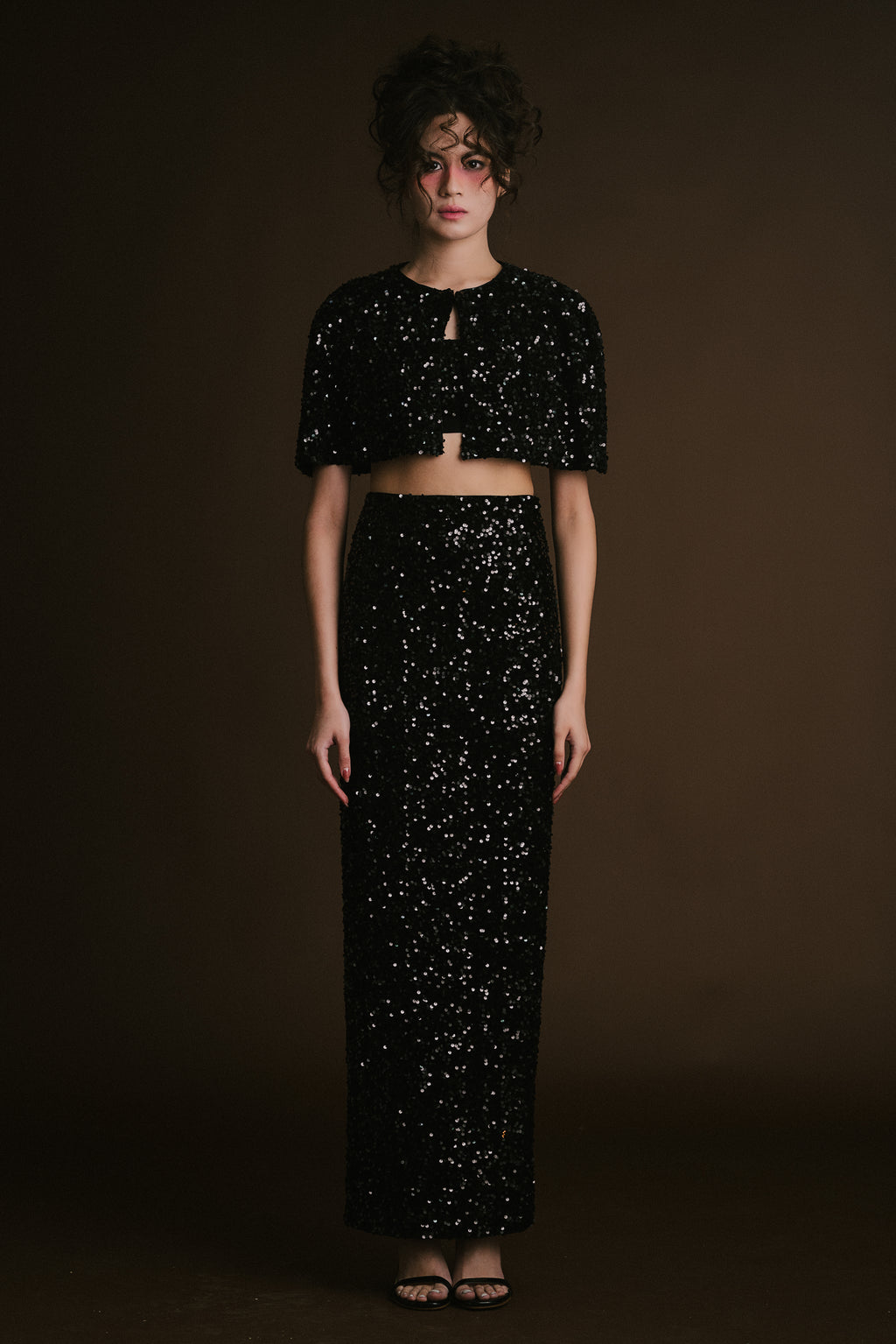 Black Velvet Sequin Crop Cape with Skirt & Bralette