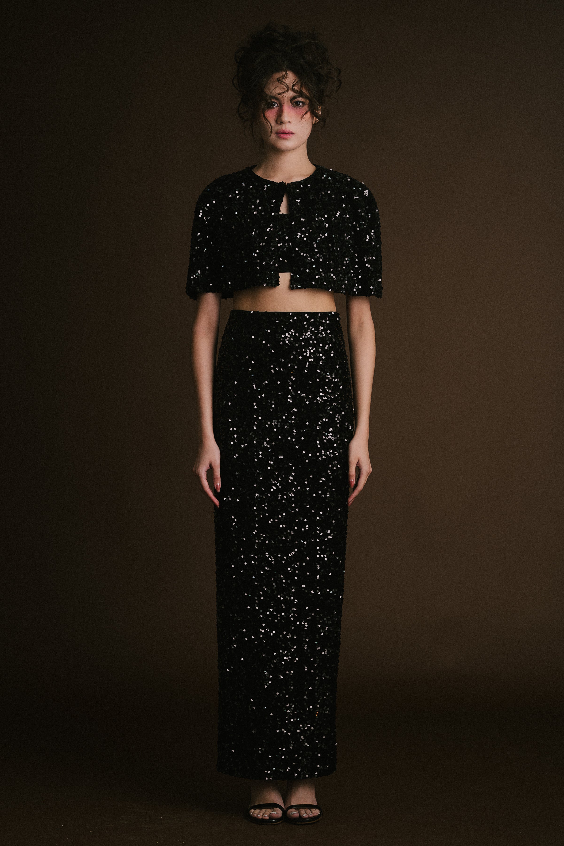 Black Velvet Sequin Crop Cape with Skirt & Bralette