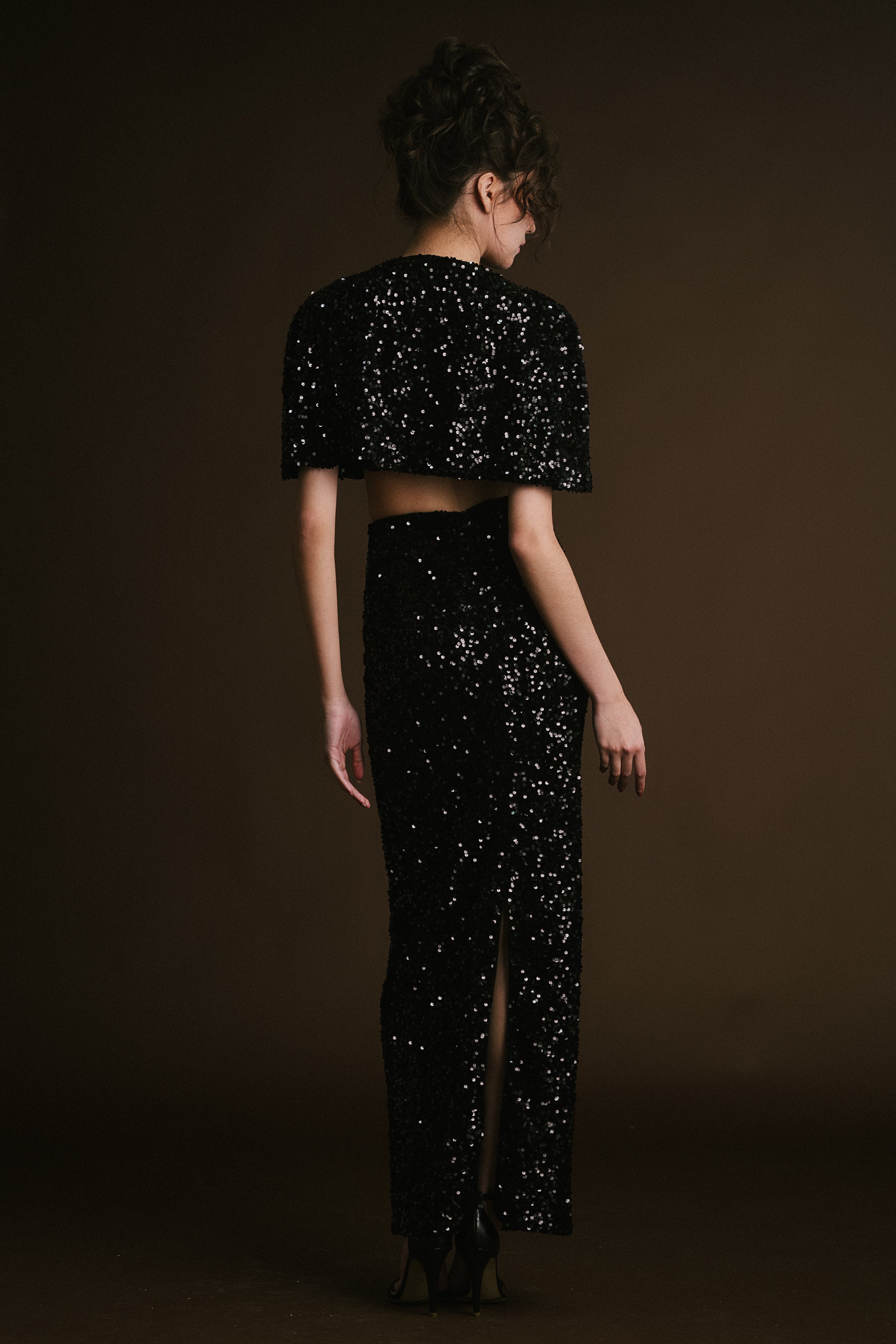 Black Velvet Sequin Crop Cape with Skirt & Bralette