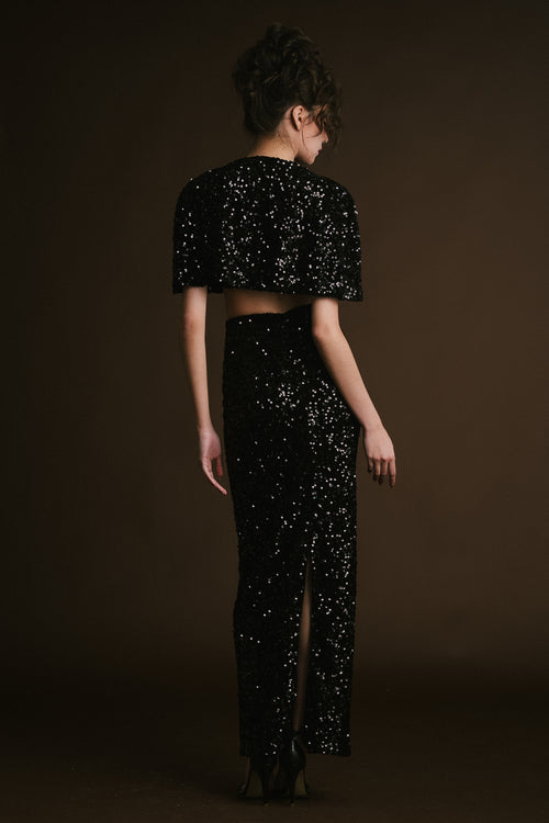 Black Velvet Sequin Crop Cape with Skirt & Bralette