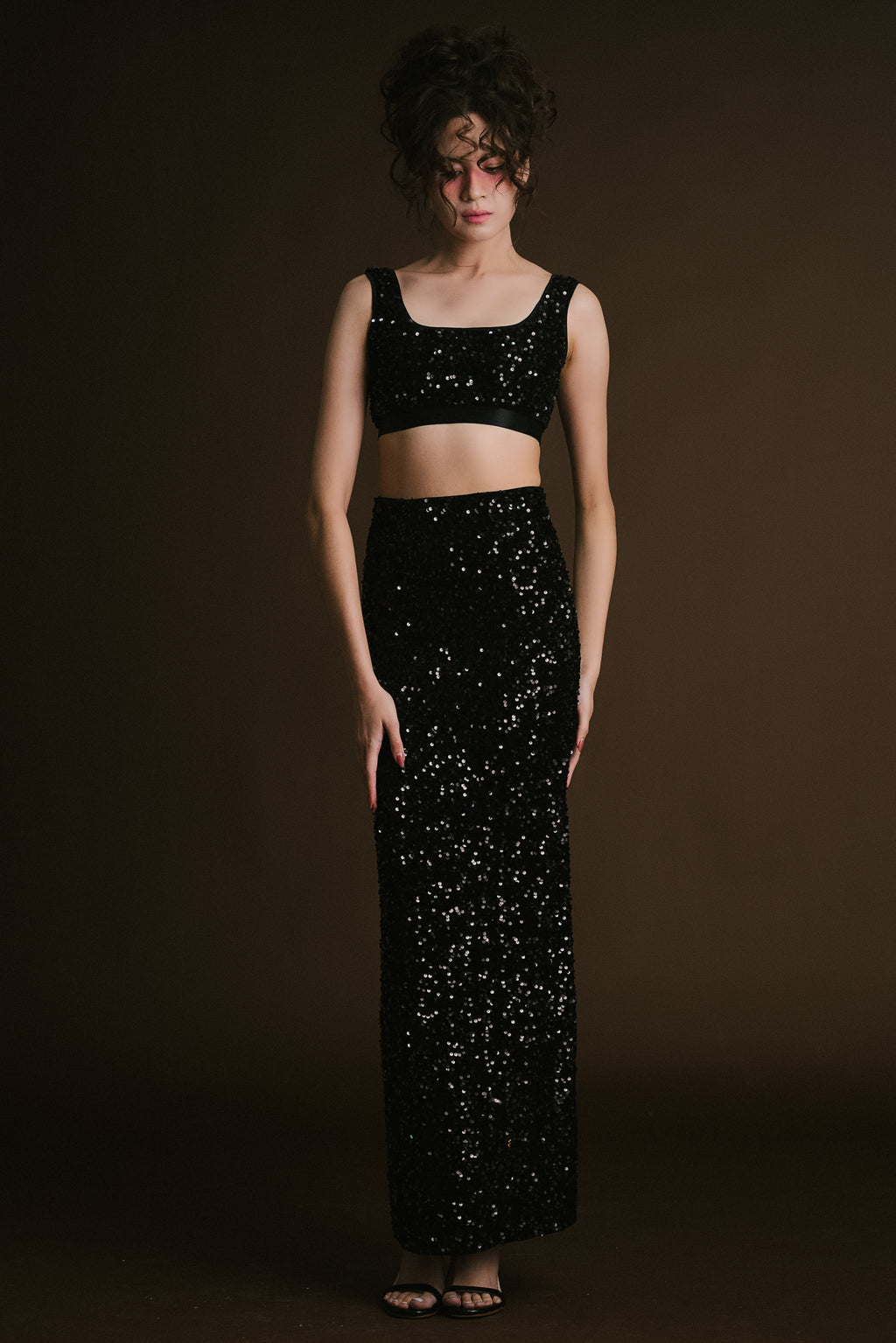 Black Velvet Sequin Crop Cape with Skirt & Bralette