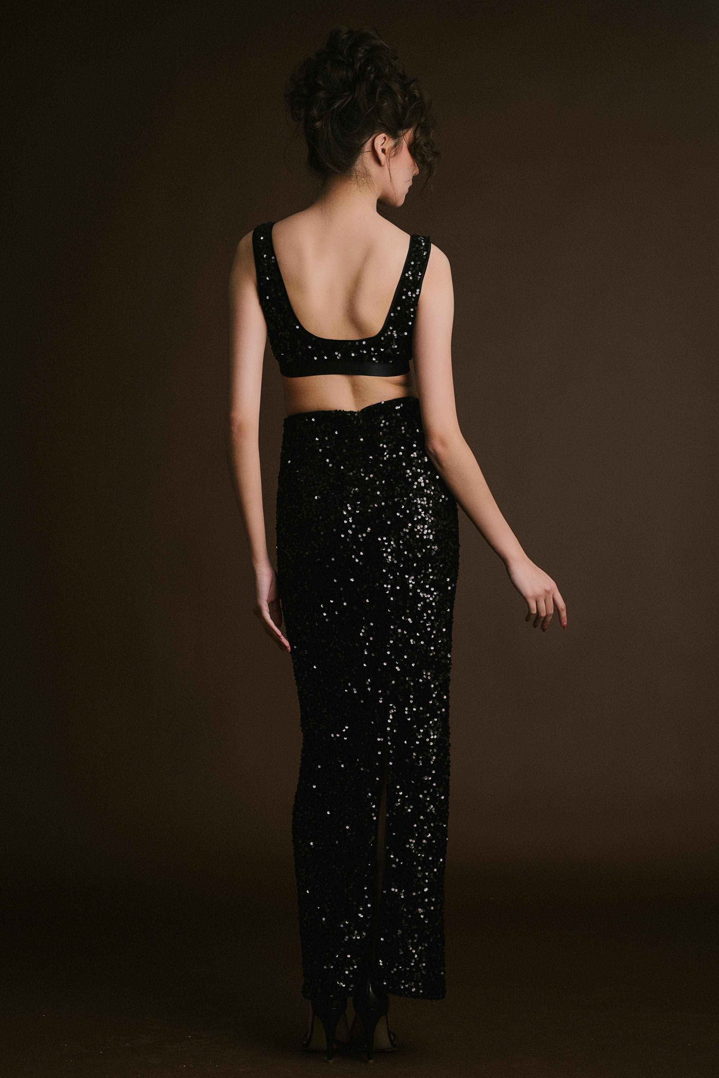Black Velvet Sequin Crop Cape with Skirt & Bralette