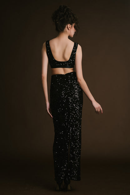 Black Velvet Sequin Crop Cape with Skirt & Bralette