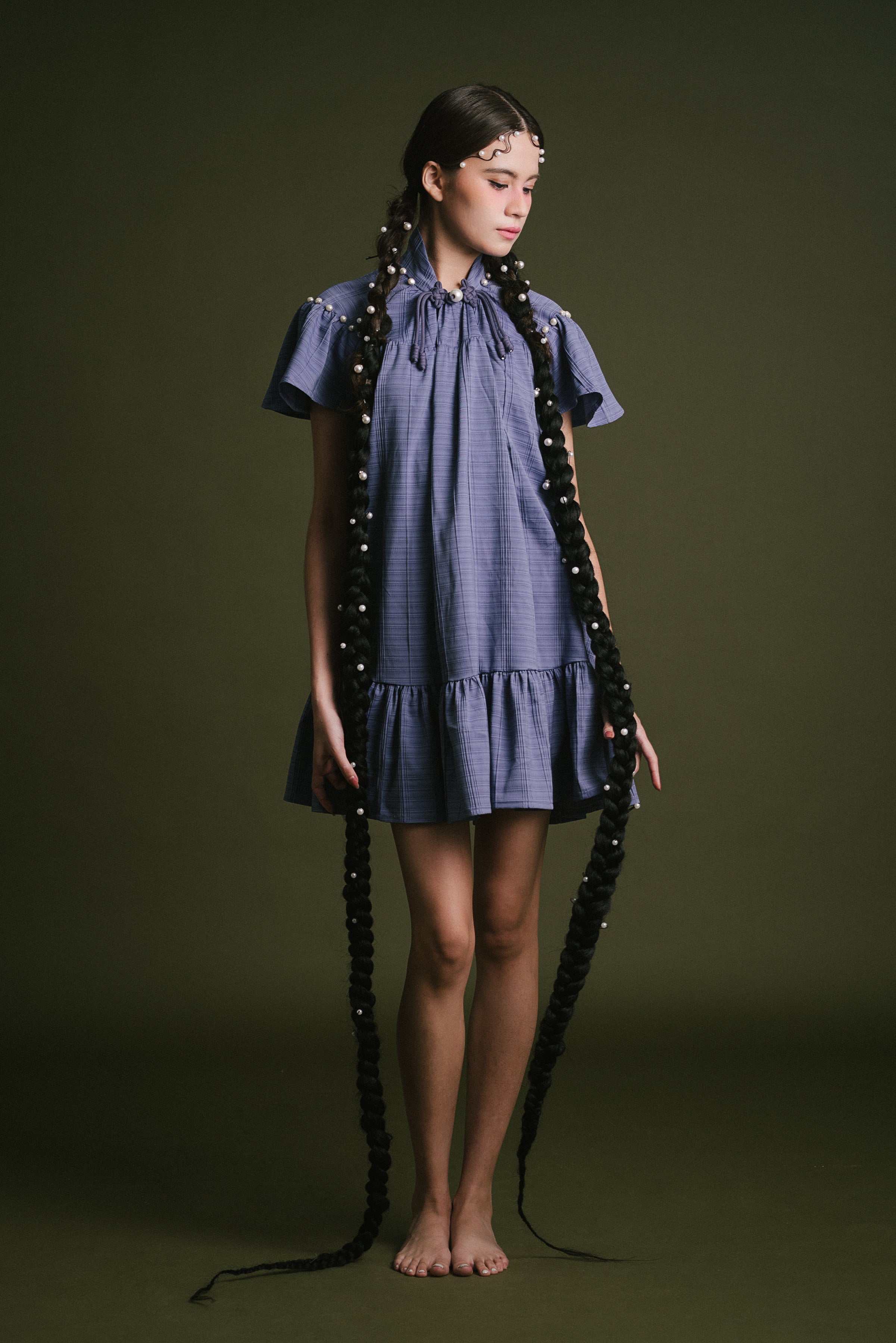 「璐 lù」Flare Sleeves Mini Pearls Dress with Pockets