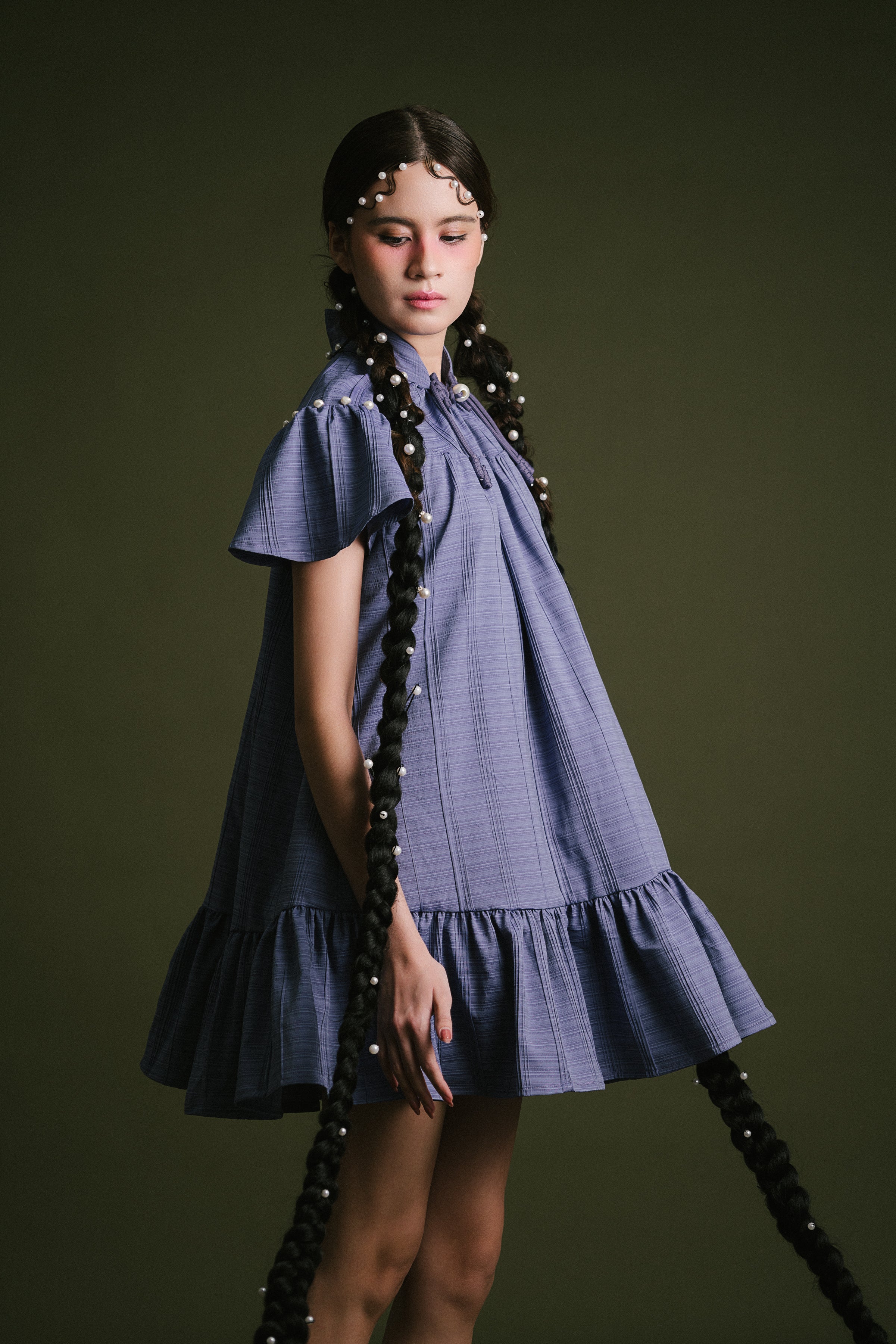「璐 lù」Flare Sleeves Mini Pearls Dress with Pockets