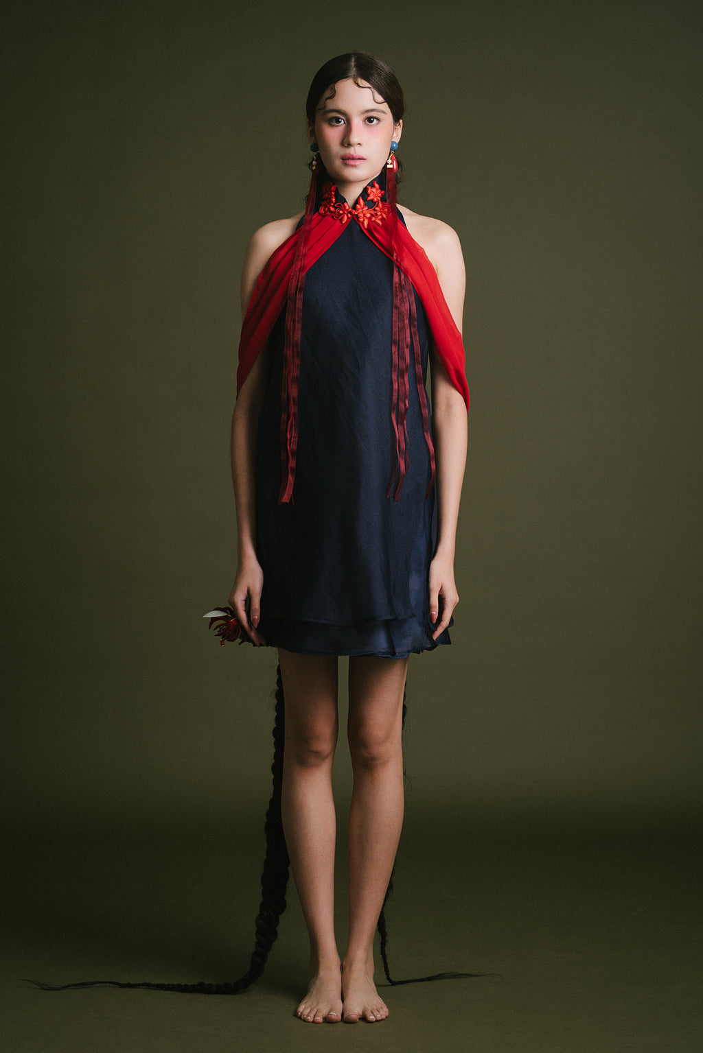 「悠 yōu」Mandarin Collar Open-Back Dress with Shawl (Short)