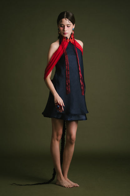 「悠 yōu」Mandarin Collar Open-Back Dress with Shawl (Short)