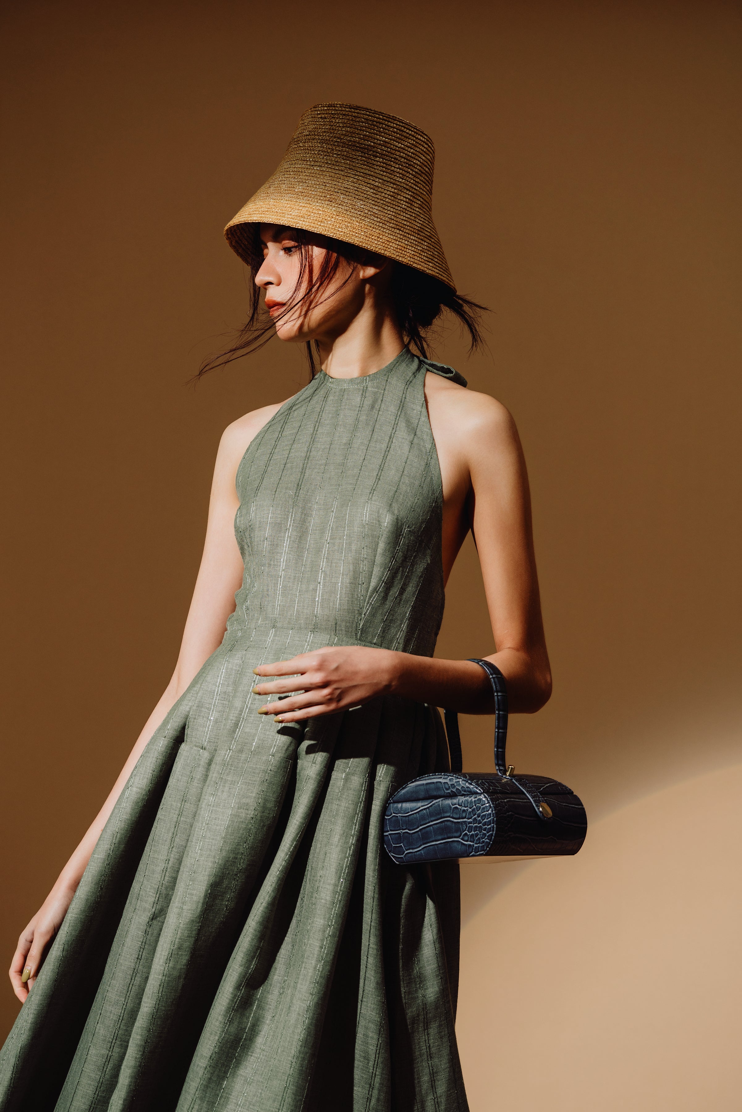 Linen Sequin Halter-Neck Maxi Dress and Bareback with Pleated Skirt