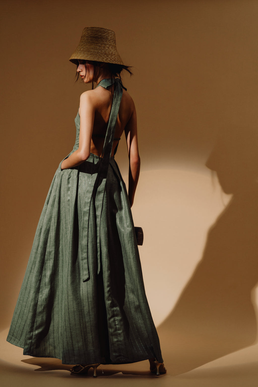 Linen Sequin Halter-Neck Maxi Dress and Bareback with Pleated Skirt