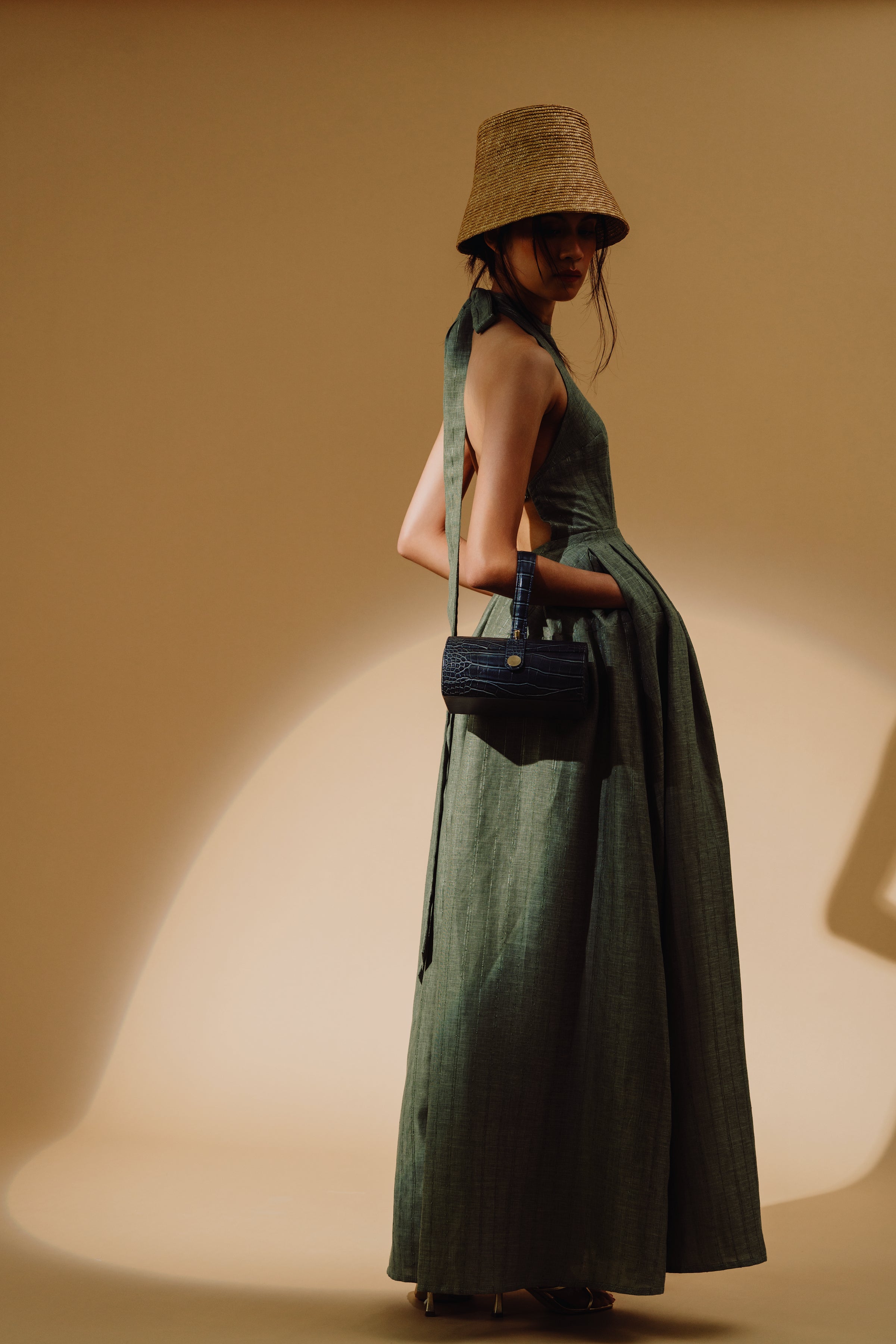 Linen Sequin Halter-Neck Maxi Dress and Bareback with Pleated Skirt