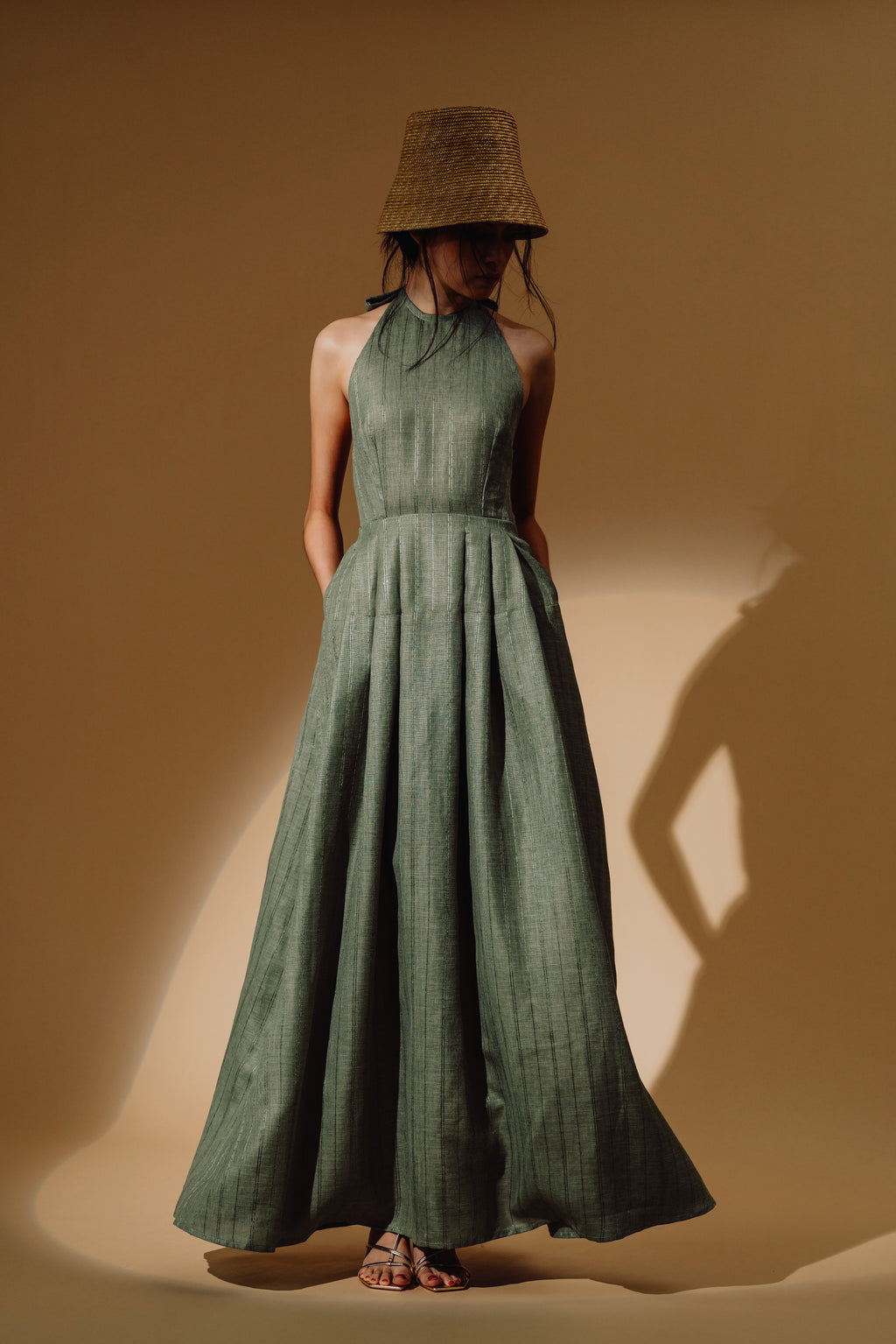 Linen Sequin Halter-Neck Maxi Dress and Bareback with Pleated Skirt