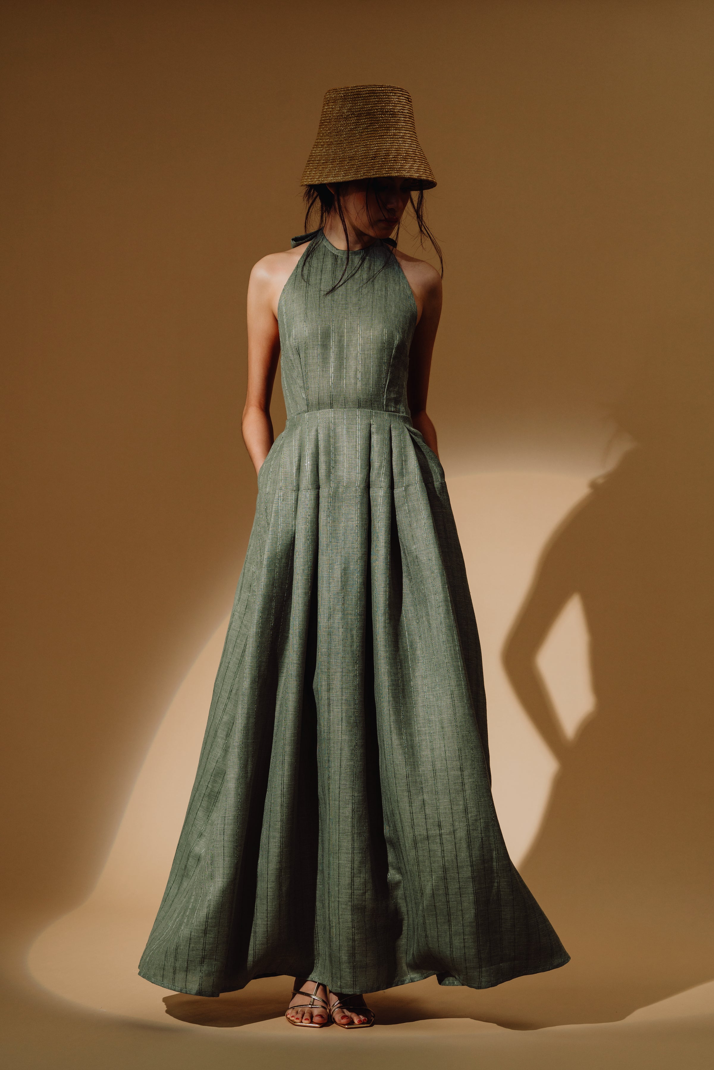 Linen Sequin Halter-Neck Maxi Dress and Bareback with Pleated Skirt