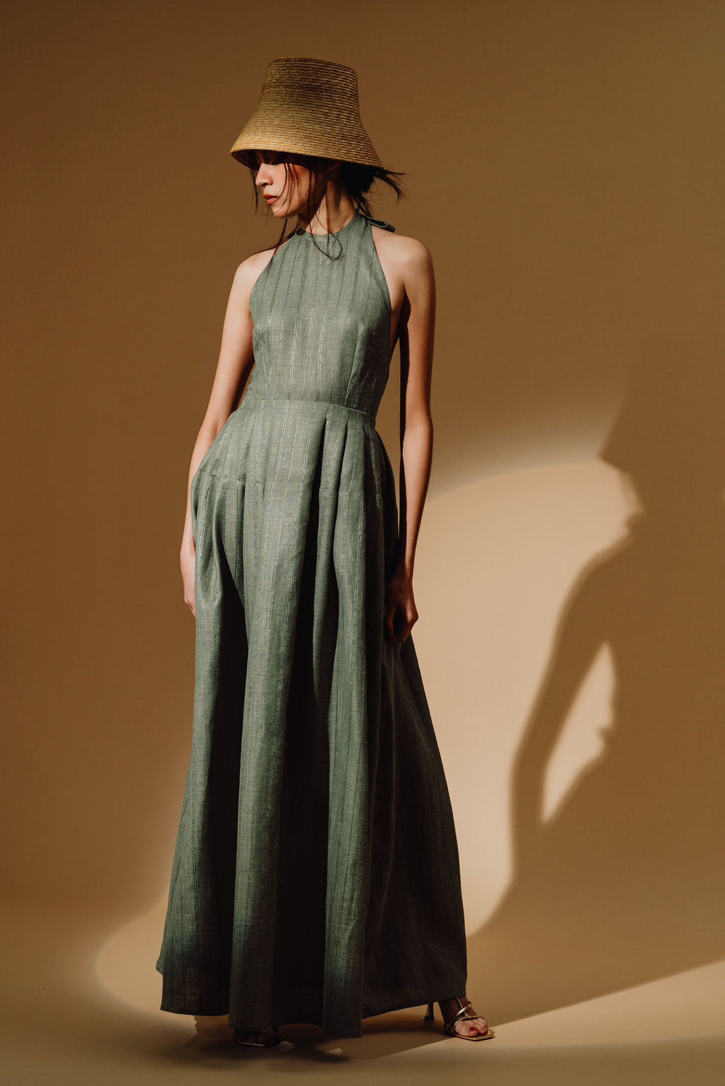 Linen Sequin Halter-Neck Maxi Dress and Bareback with Pleated Skirt