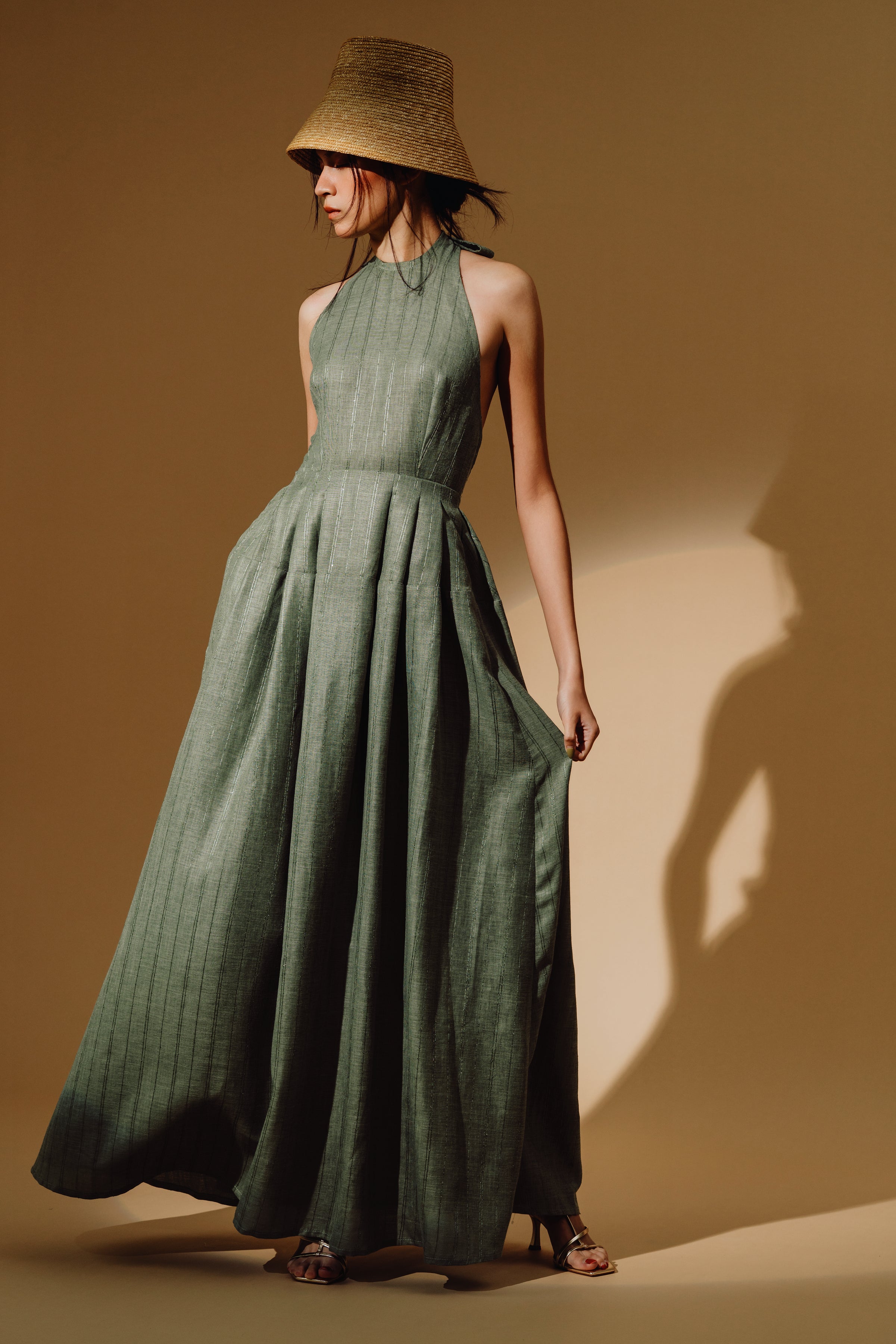 Linen Sequin Halter-Neck Maxi Dress and Bareback with Pleated Skirt
