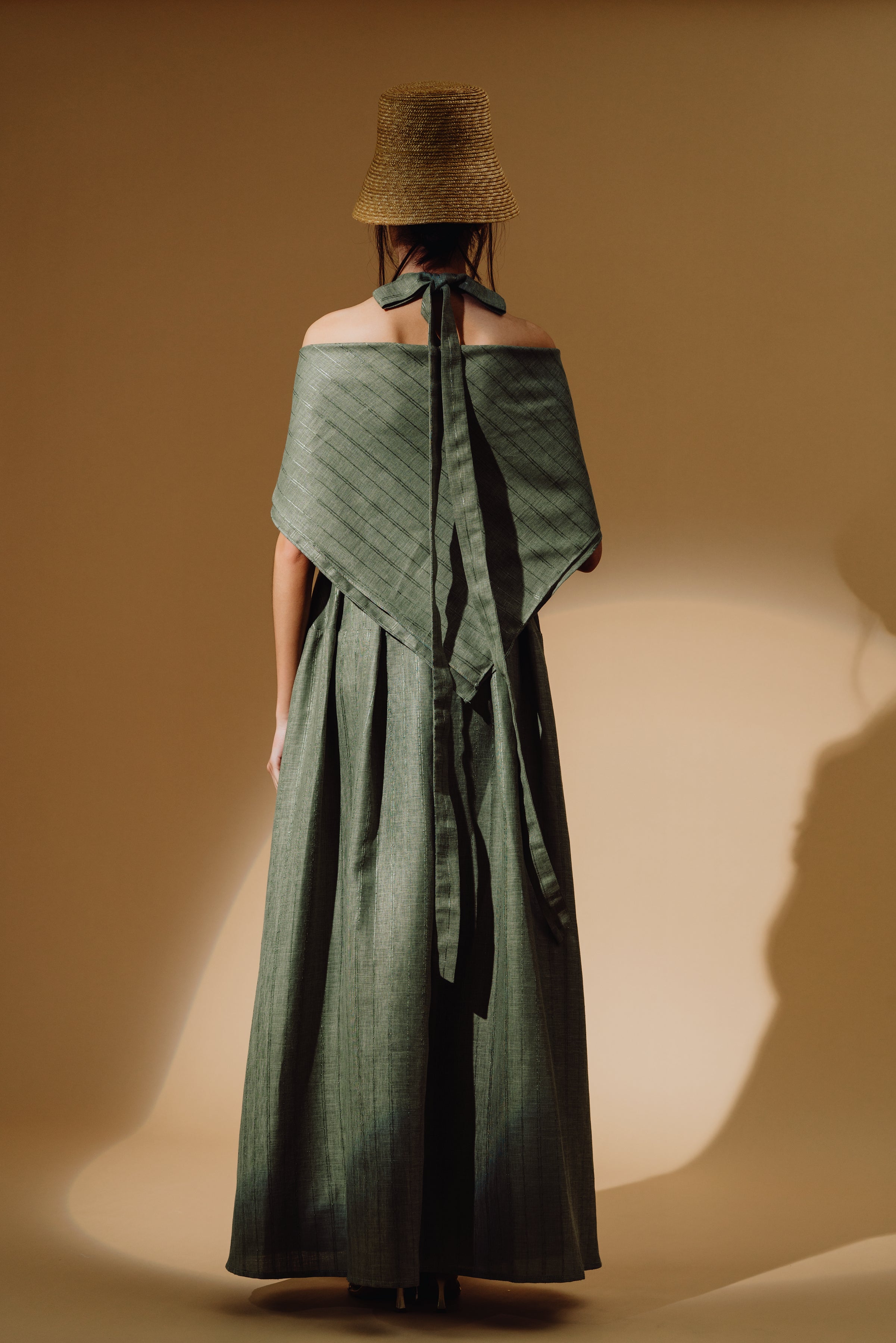Linen Sequin Halter-Neck Maxi Dress and Bareback with Pleated Skirt
