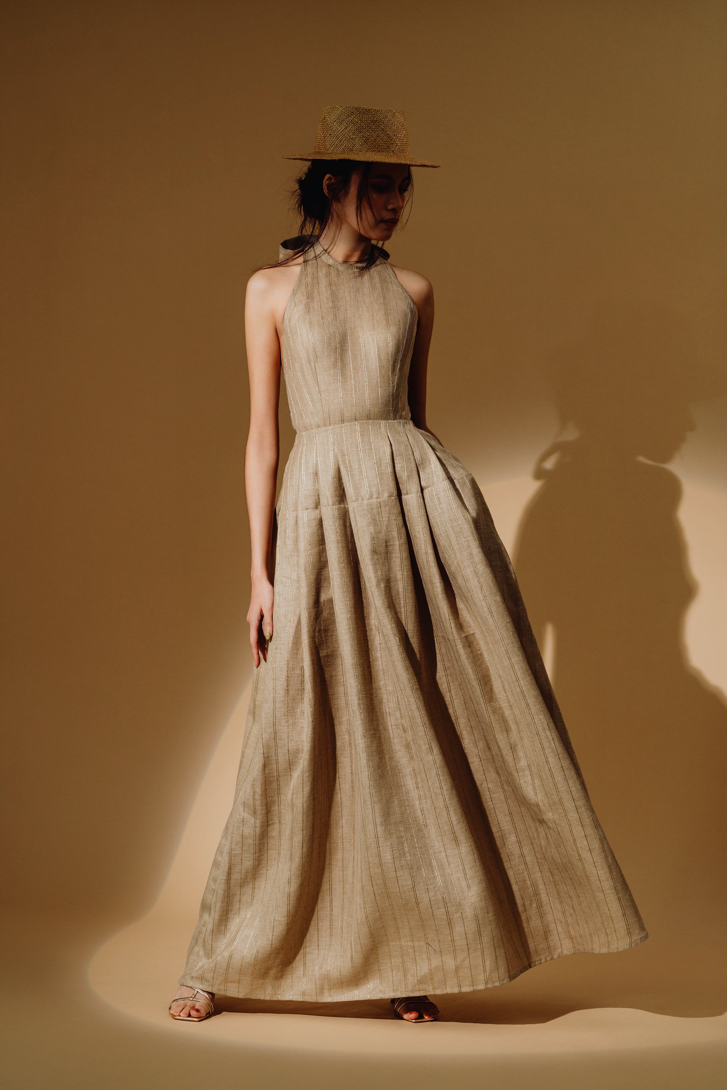Linen Sequin Halter-Neck Maxi Dress and Bareback with Pleated Skirt